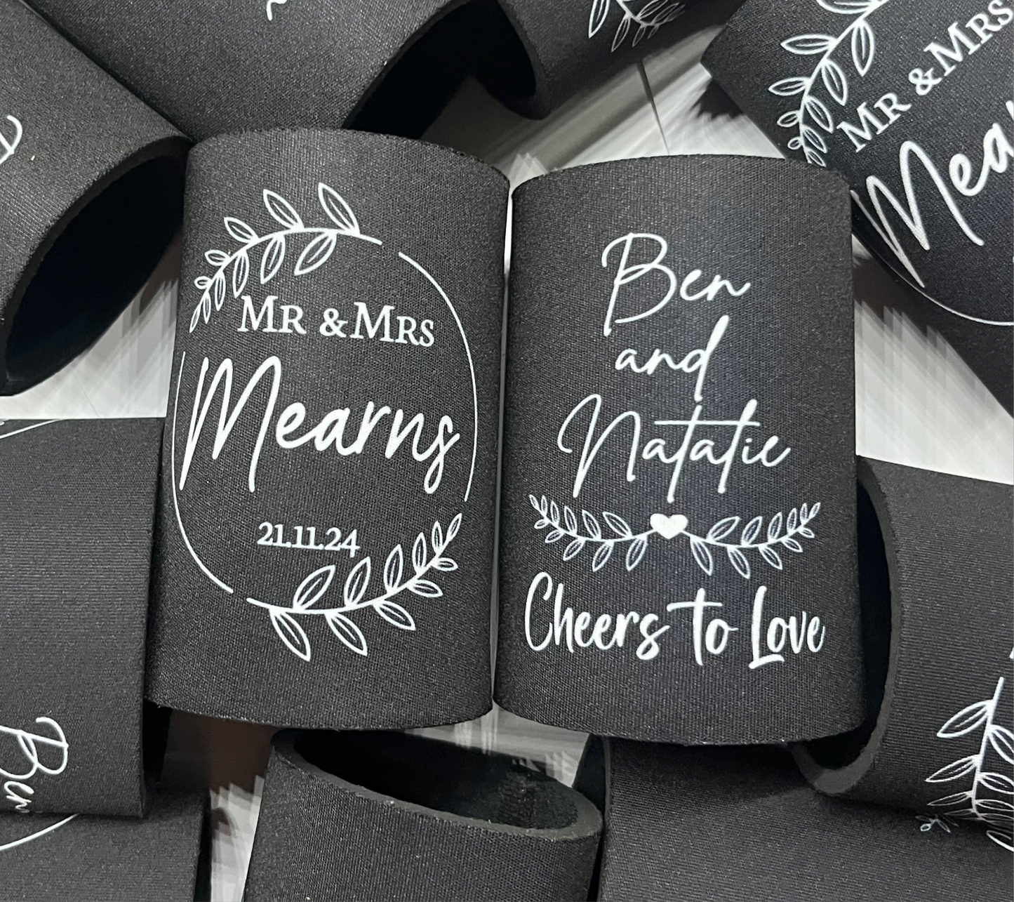 WS017 | Personalised “Cheers to Love” Wedding Stubby Holder — Custom Name & Date | Wreath Can Cooler