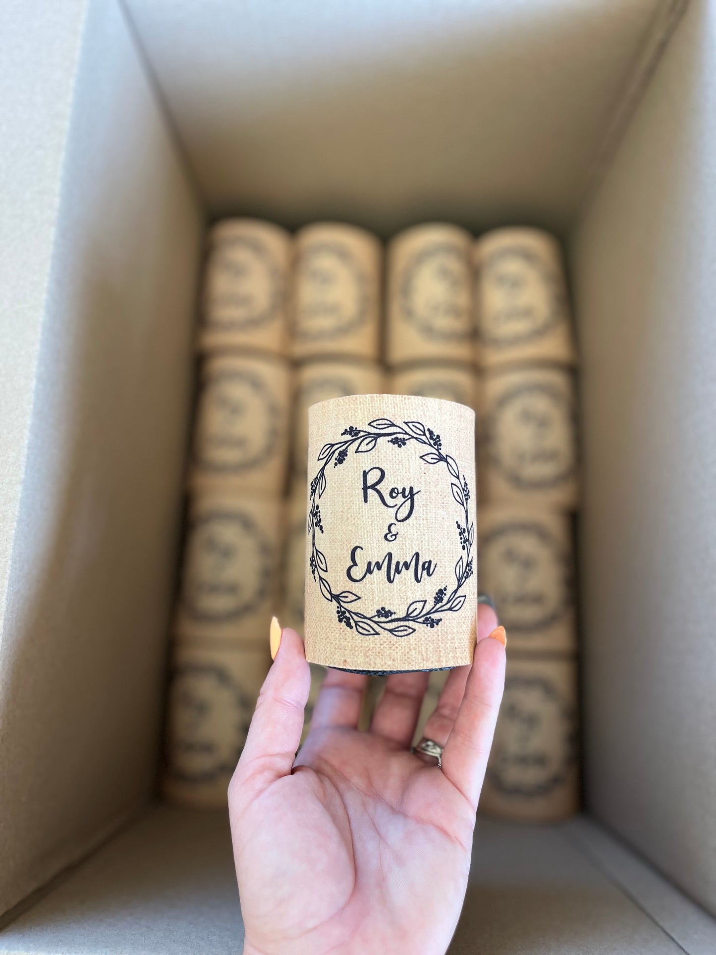 WS051 | Personalised “Forever and Always” Wedding Stubby Holders — Burlap Design | Custom Name & Date | Can Cooler Favour