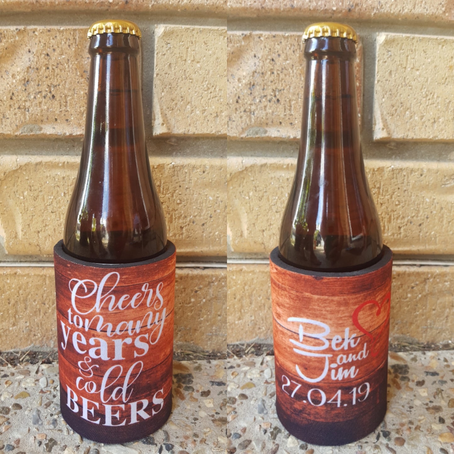 WS055 | Personalised “Cheers to Many Years, Cold Beers” Stubby Holder — Wood Theme Background | Wedding & Anniversary Can Cooler