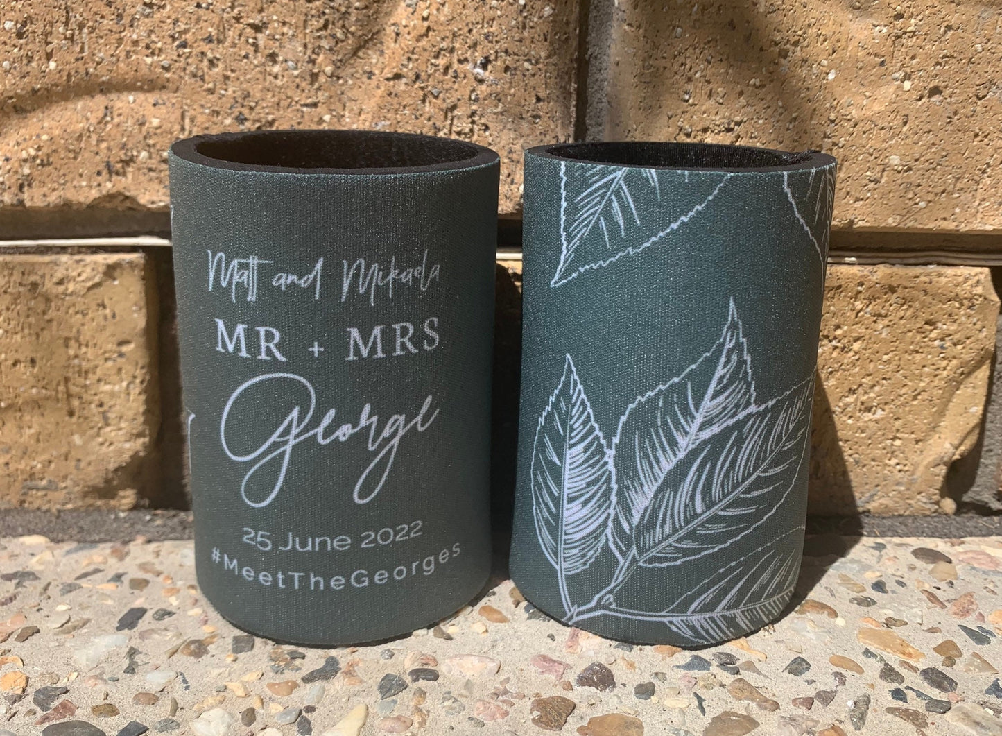 WS001 | Wedding Stubby Holders - Mr & Mrs - with Leaves - Thank you for celebrating with us