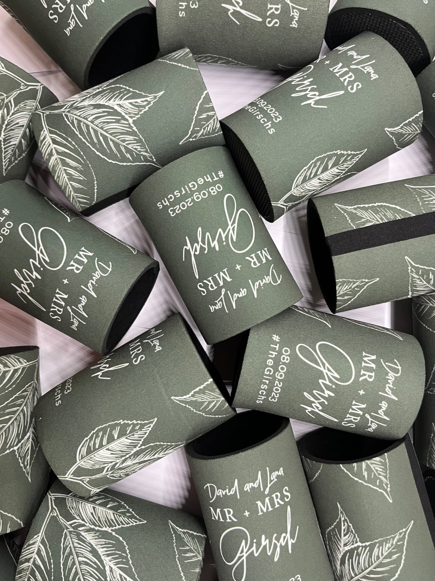 WS001 | Wedding Stubby Holders - Mr & Mrs - with Leaves - Thank you for celebrating with us