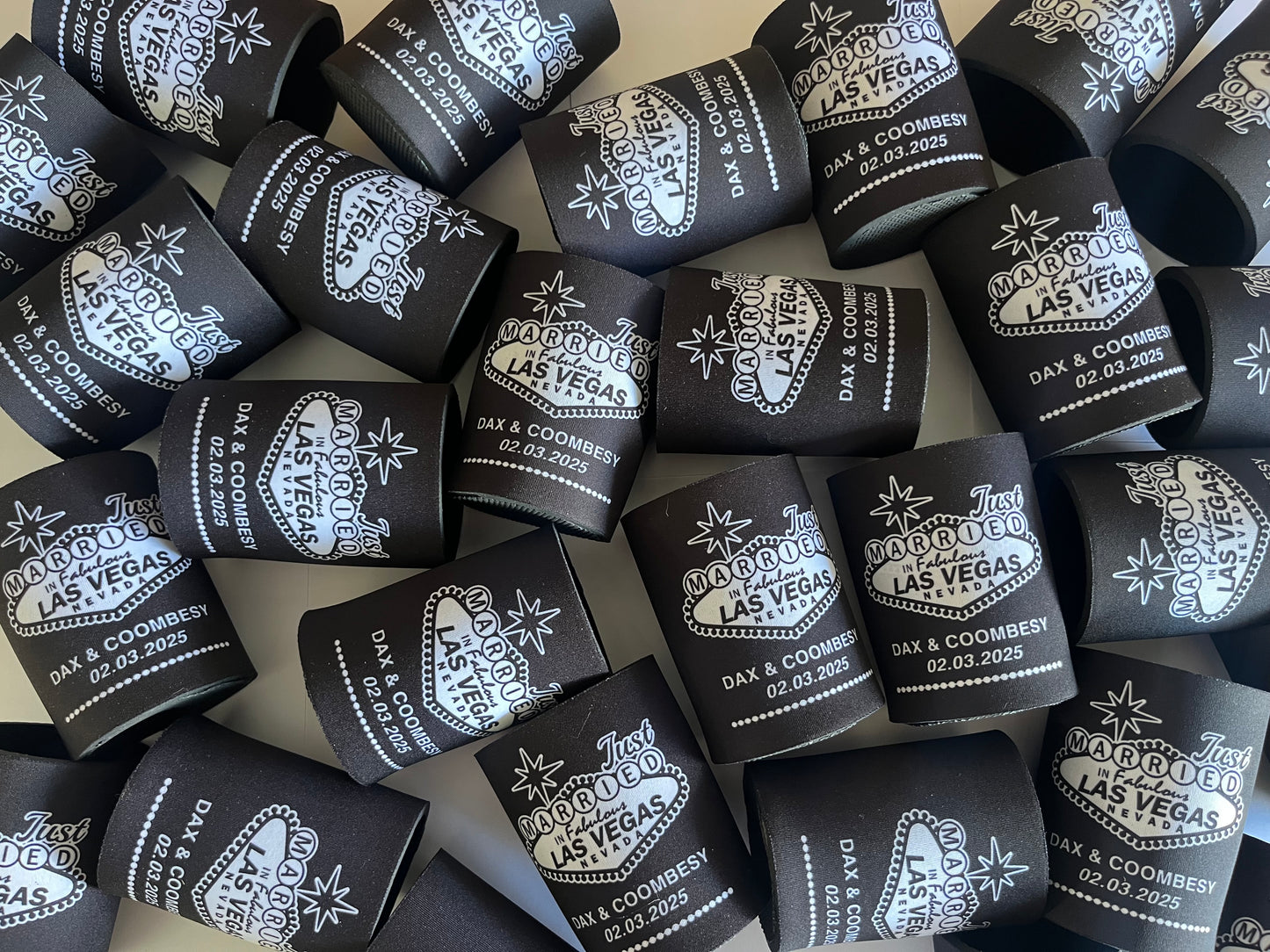 WS013 | Personalised “Just Married in Vegas” Wedding Stubby Holders — Custom Name & Date | Can Cooler Favour | Vegas Sign