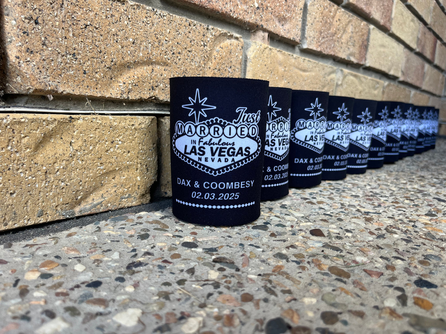 WS013 | Personalised “Just Married in Vegas” Wedding Stubby Holders — Custom Name & Date | Can Cooler Favour | Vegas Sign