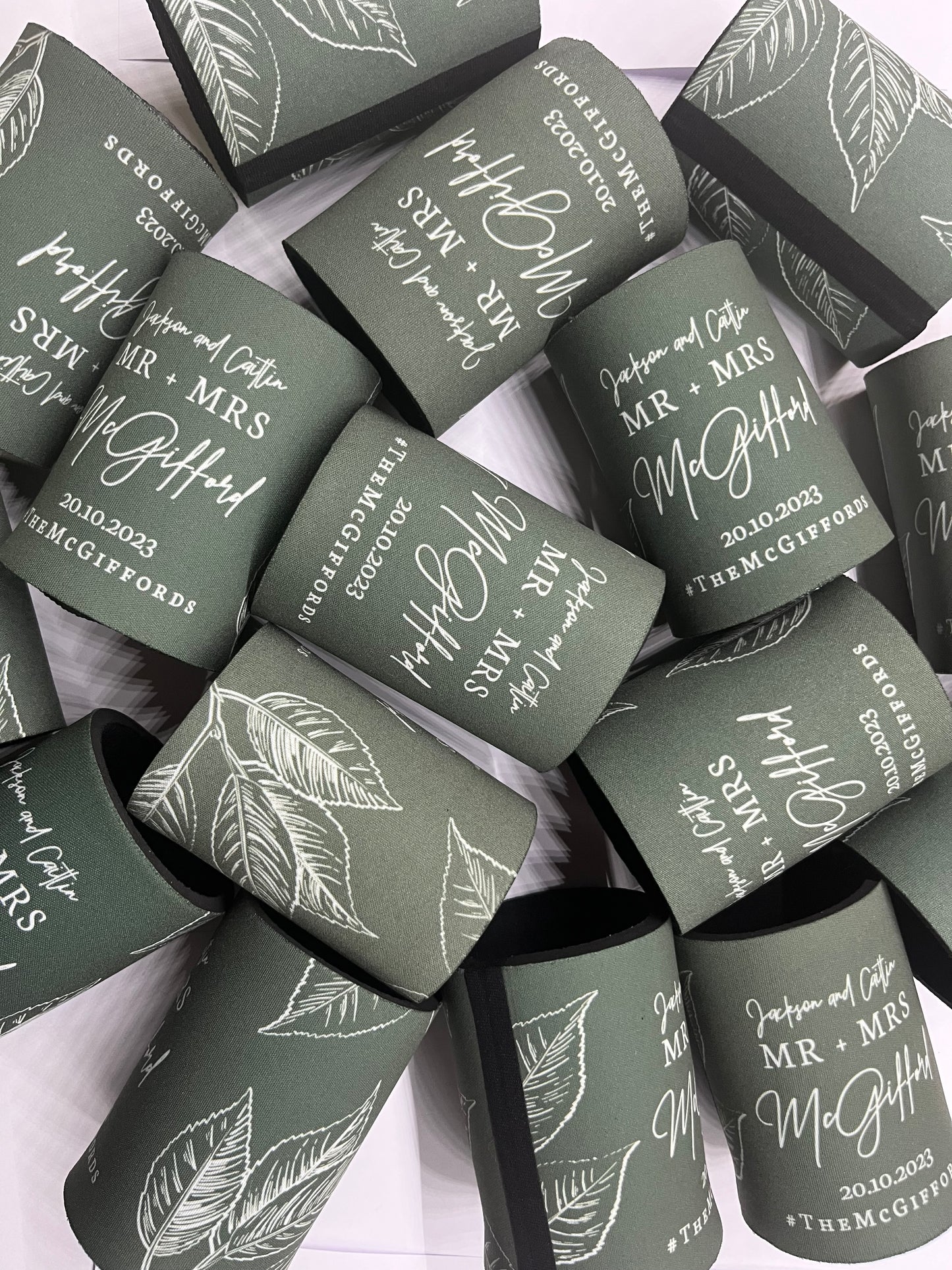 WS001 | Wedding Stubby Holders - Mr & Mrs - with Leaves - Thank you for celebrating with us