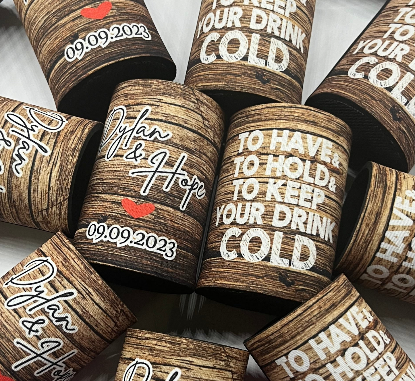 WS058 | Personalised “To Have and To Hold” Stubby Holder — Custom Name & Date | Wedding Can Cooler | Wood Background