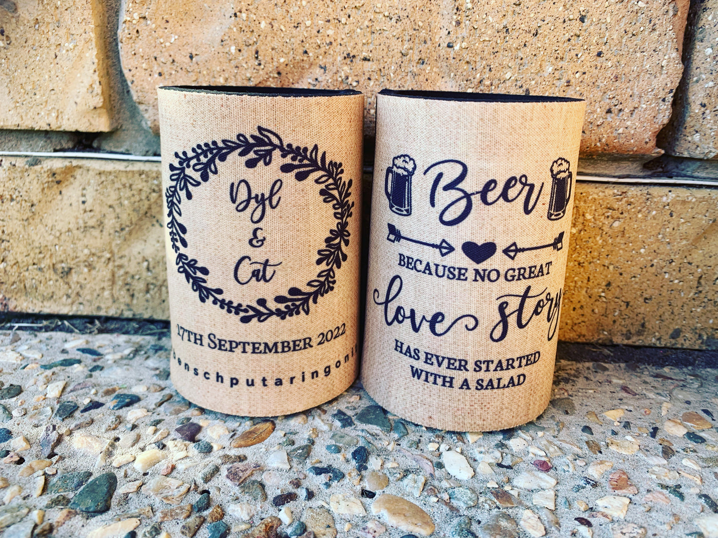 WS040 | Personalised “Beer and Love Story” Stubby Holder — Custom Name & Date | Wedding & Anniversary Can Cooler