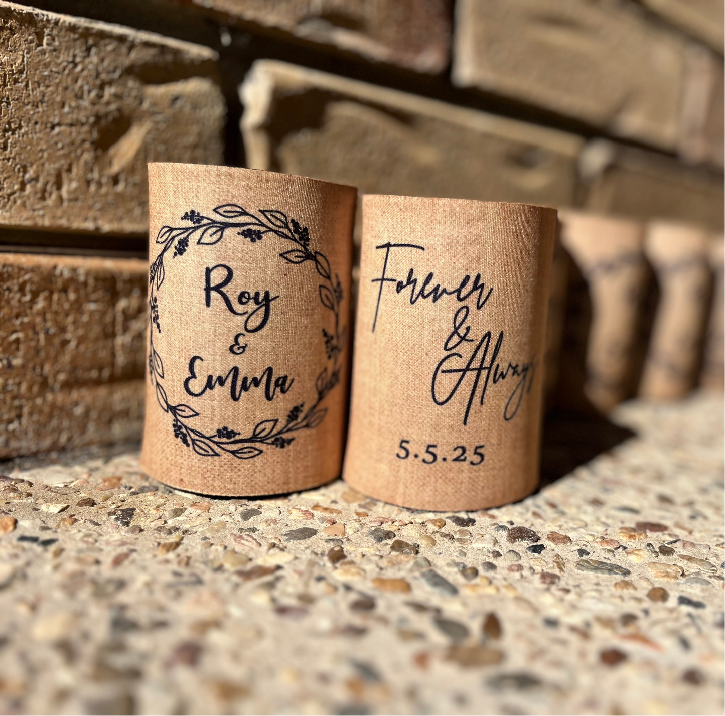 WS051 | Personalised “Forever and Always” Wedding Stubby Holders — Burlap Design | Custom Name & Date | Can Cooler Favour