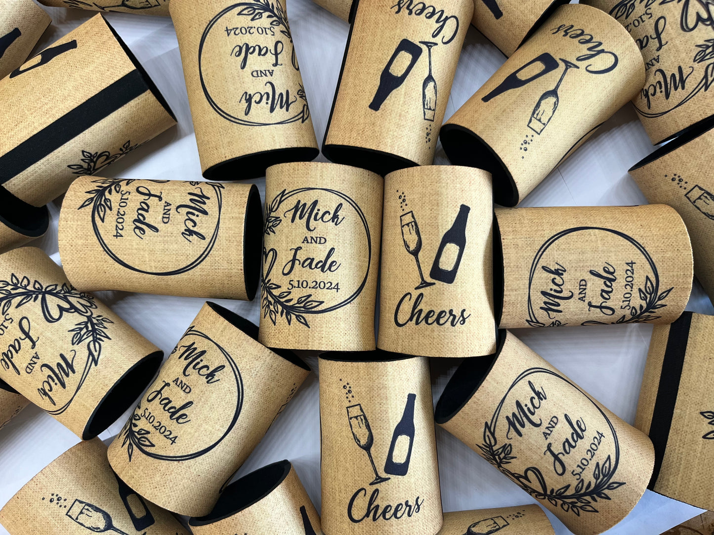 WS054 | Personalised “Cheers” Wedding Stubby Holders — Wreath Design with Bottle & Glass | Custom Name & Date | Can Cooler Favour