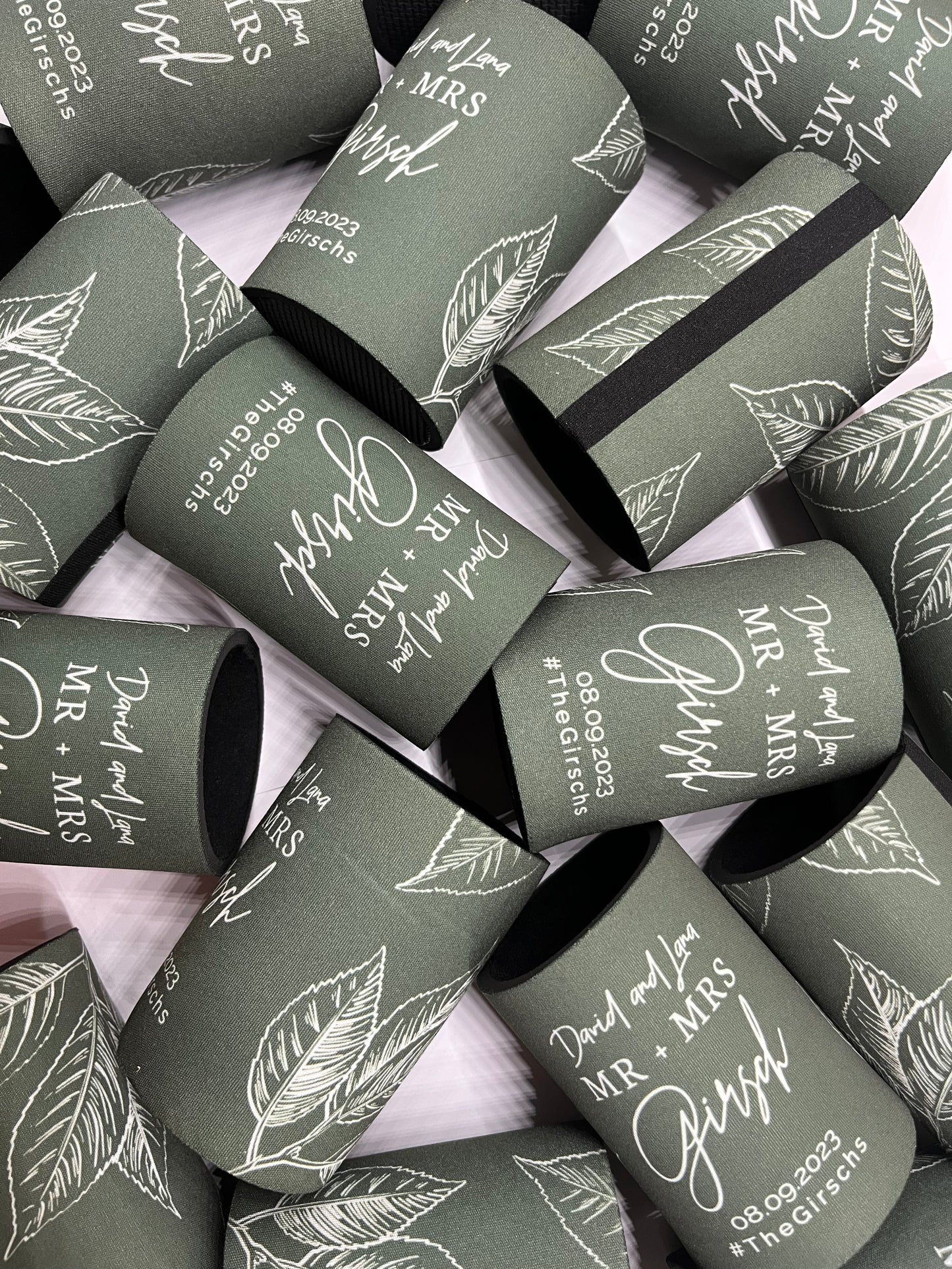 WS001 | Wedding Stubby Holders - Mr & Mrs - with Leaves - Thank you for celebrating with us