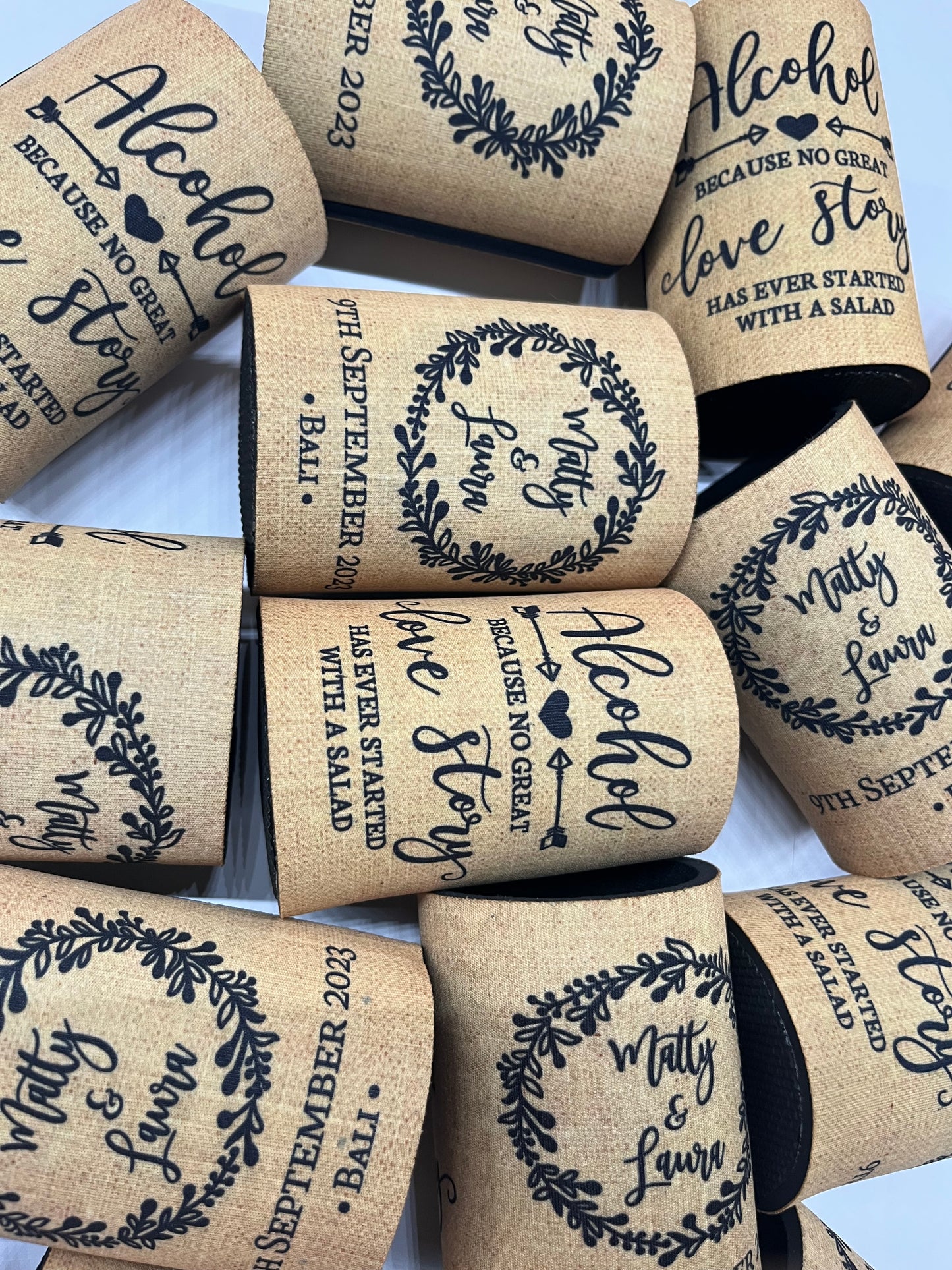 WS040 | Personalised “Beer and Love Story” Stubby Holder — Custom Name & Date | Wedding & Anniversary Can Cooler
