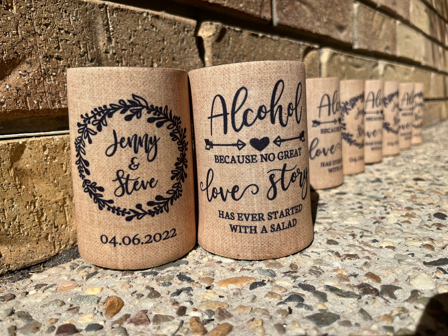 WS040 | Personalised “Beer and Love Story” Stubby Holder — Custom Name & Date | Wedding & Anniversary Can Cooler
