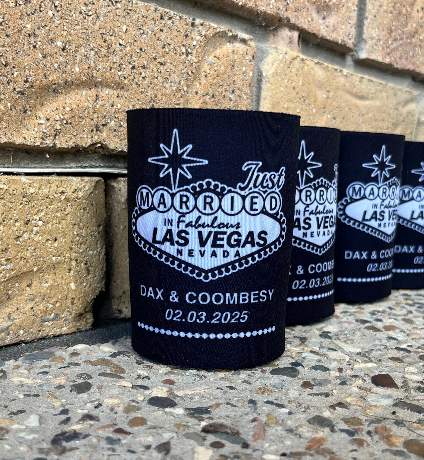 WS013 | Personalised “Just Married in Vegas” Wedding Stubby Holders — Custom Name & Date | Can Cooler Favour | Vegas Sign