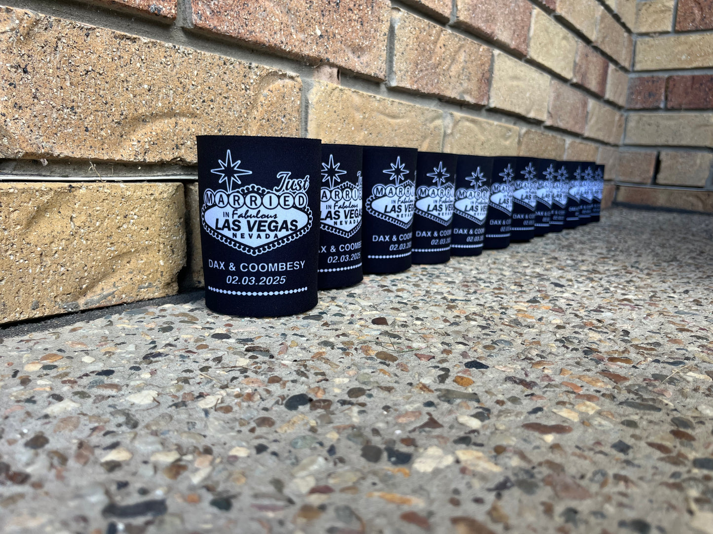 WS013 | Personalised “Just Married in Vegas” Wedding Stubby Holders — Custom Name & Date | Can Cooler Favour | Vegas Sign