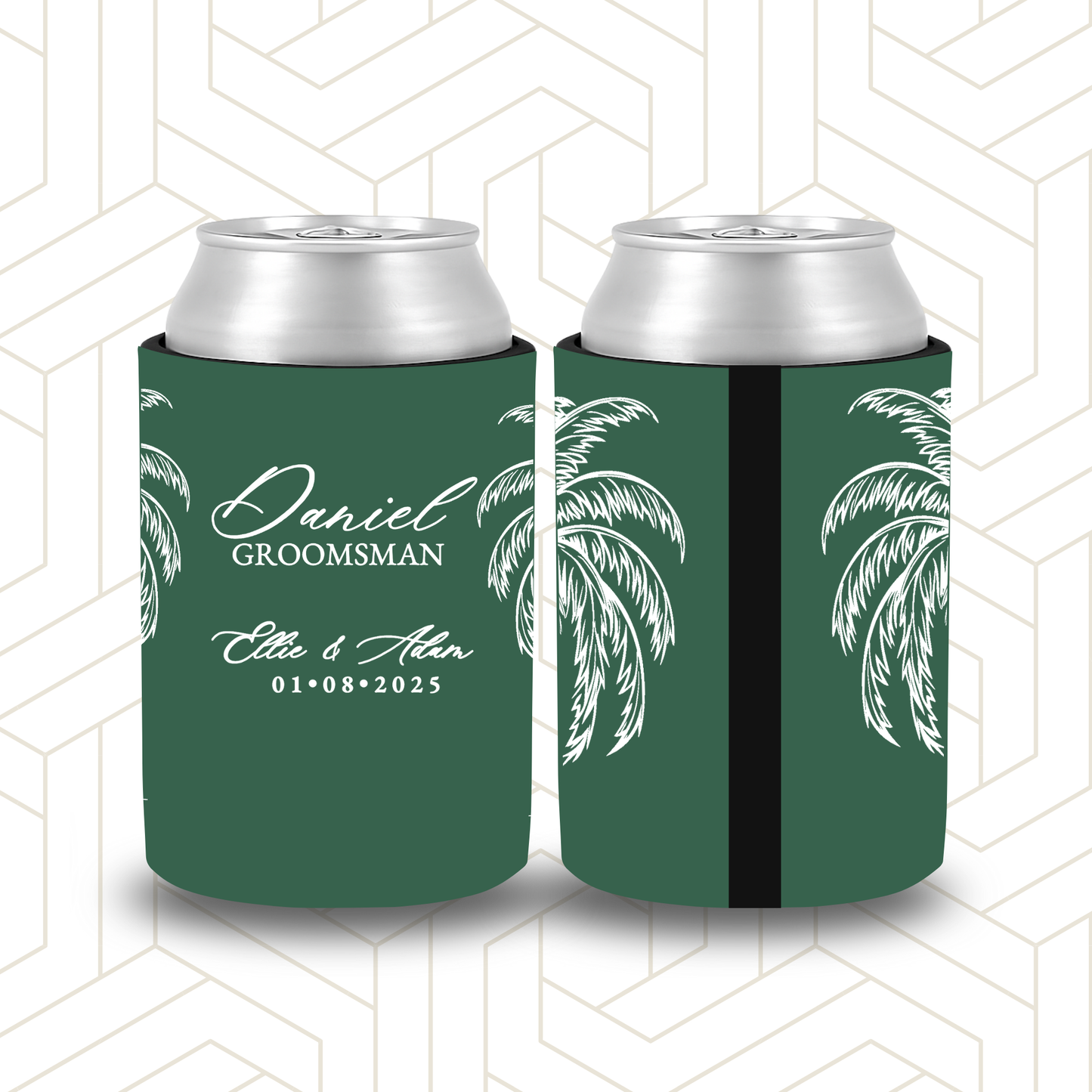 BR001 | Personalised Bridal Party Stubby Holders – Custom Wedding Favour | Palm Trees
