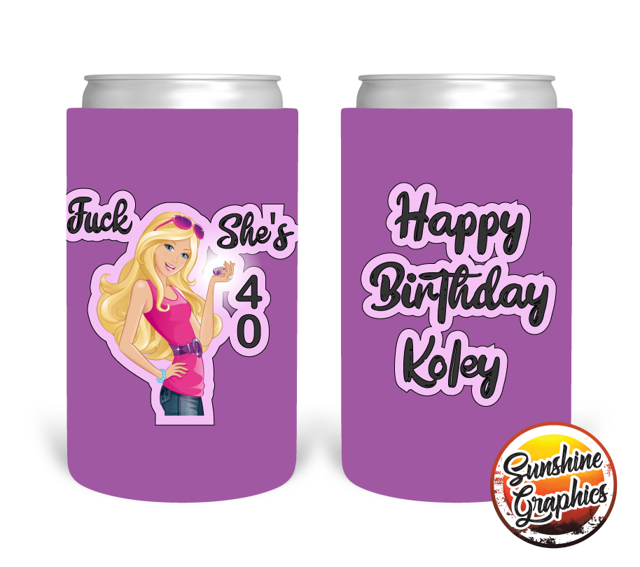 Personalised Stubby Holder For Birthday Celebration - She is 40 Doll Theme