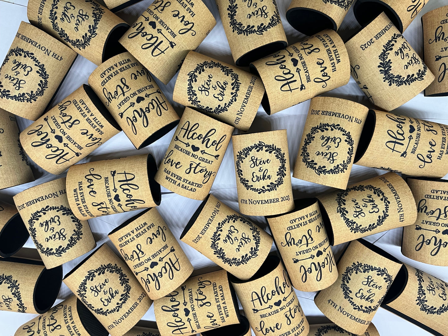 WS040 | Personalised “Beer and Love Story” Stubby Holder — Custom Name & Date | Wedding & Anniversary Can Cooler