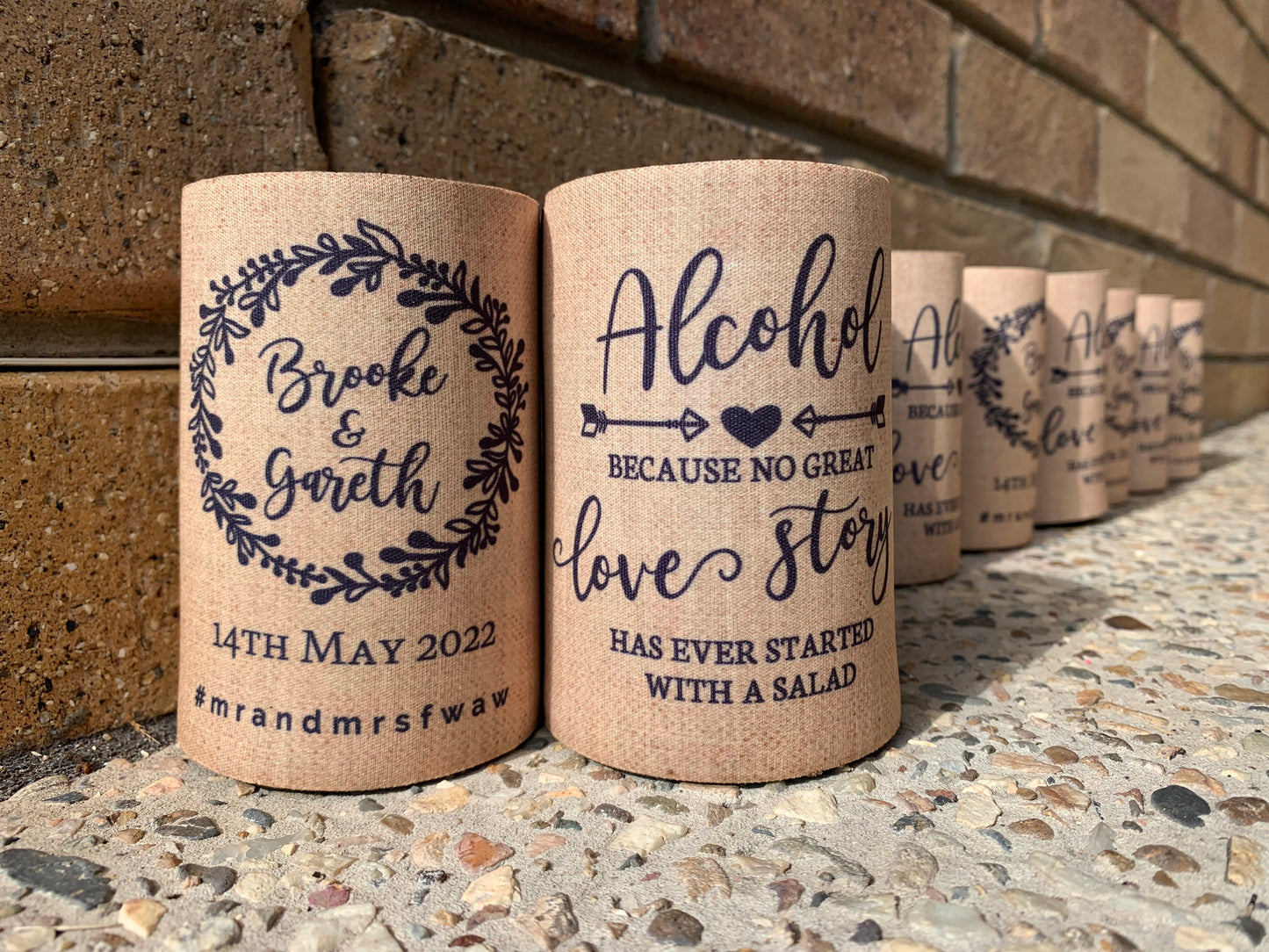 WS040 | Personalised “Beer and Love Story” Stubby Holder — Custom Name & Date | Wedding & Anniversary Can Cooler