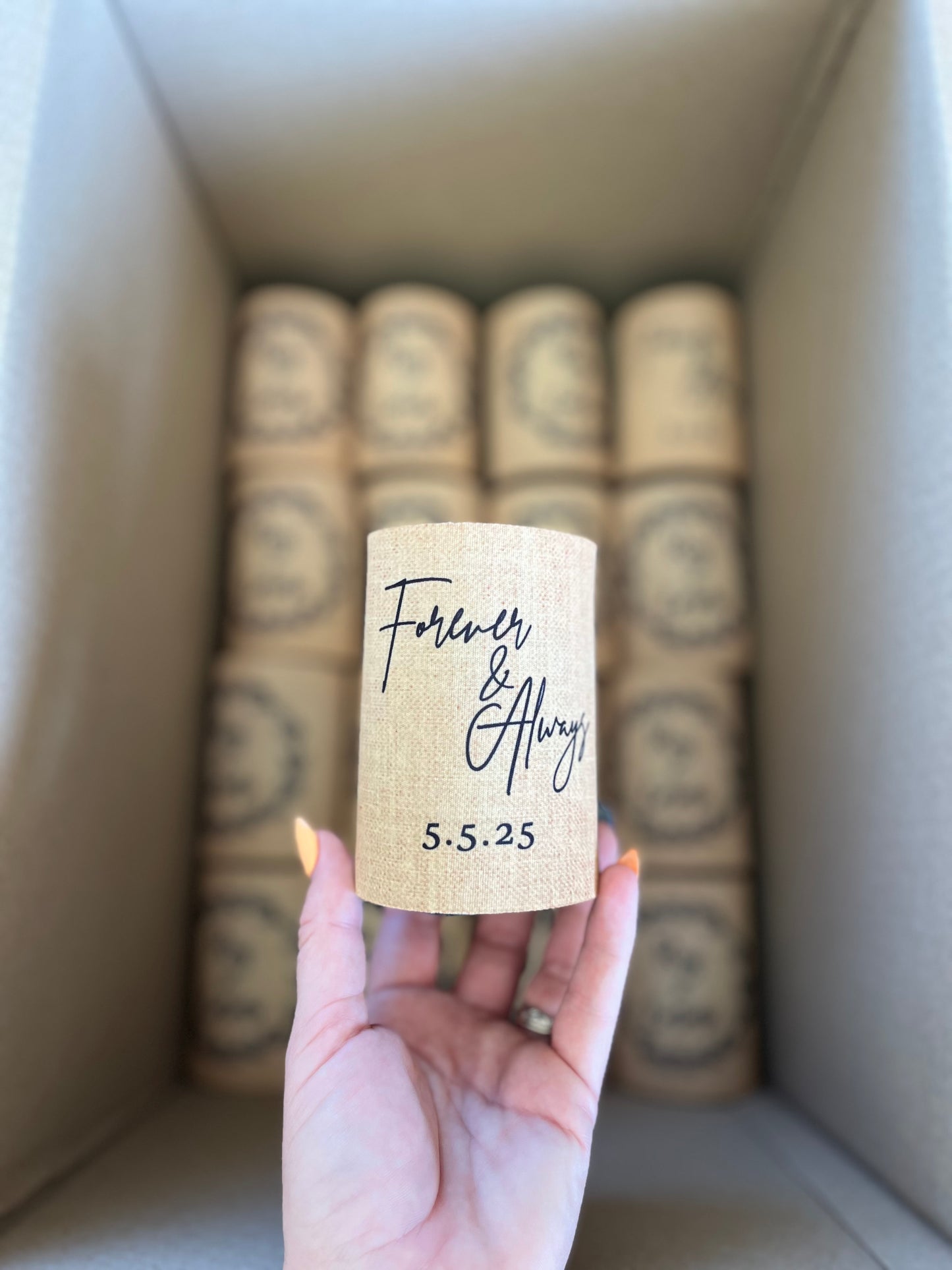 WS051 | Personalised “Forever and Always” Wedding Stubby Holders — Burlap Design | Custom Name & Date | Can Cooler Favour