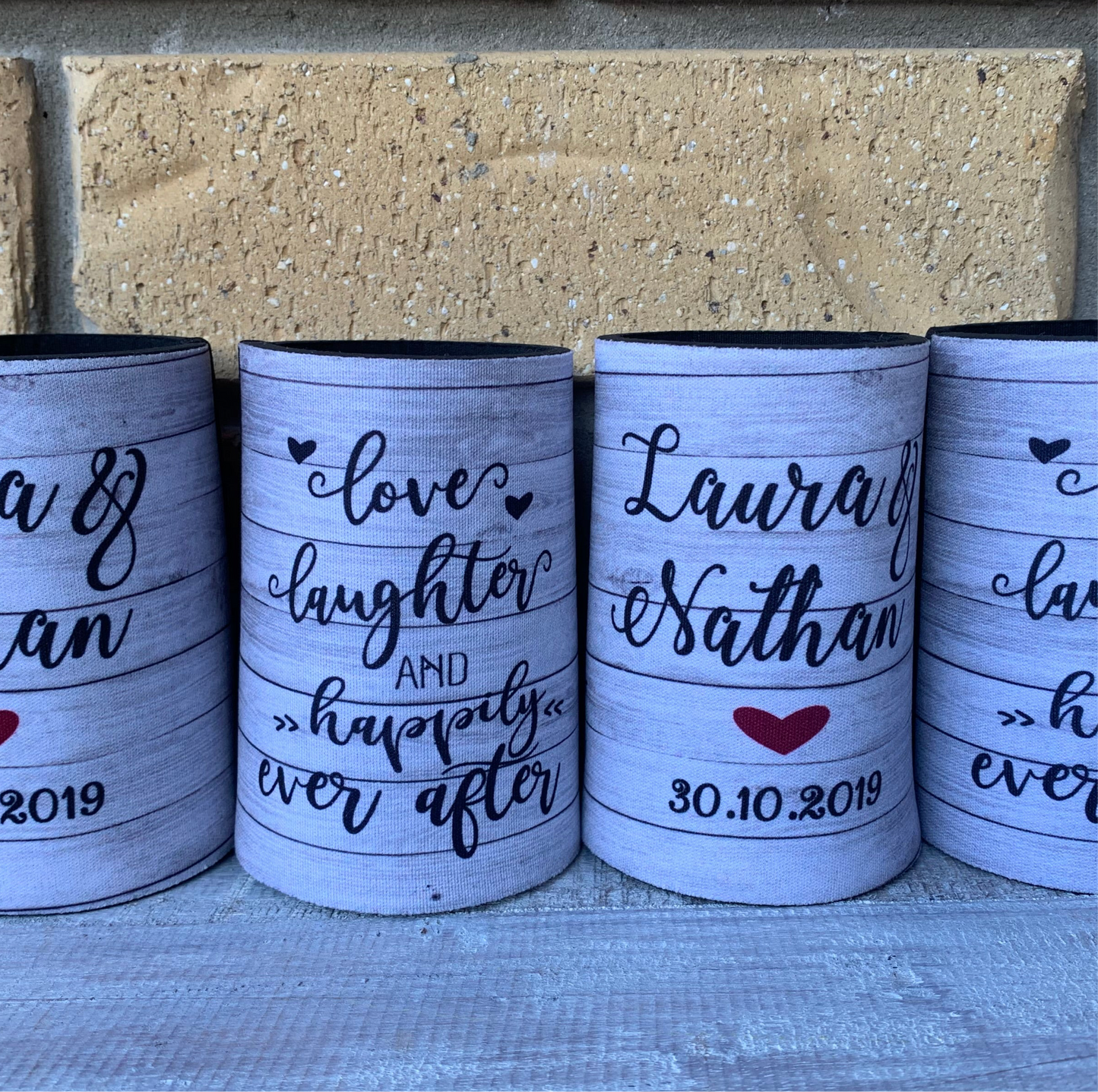 WS056 | Personalised “Love, Laughter & Happily Ever After” Stubby Holder — Custom Name & Date | Wedding Can Cooler