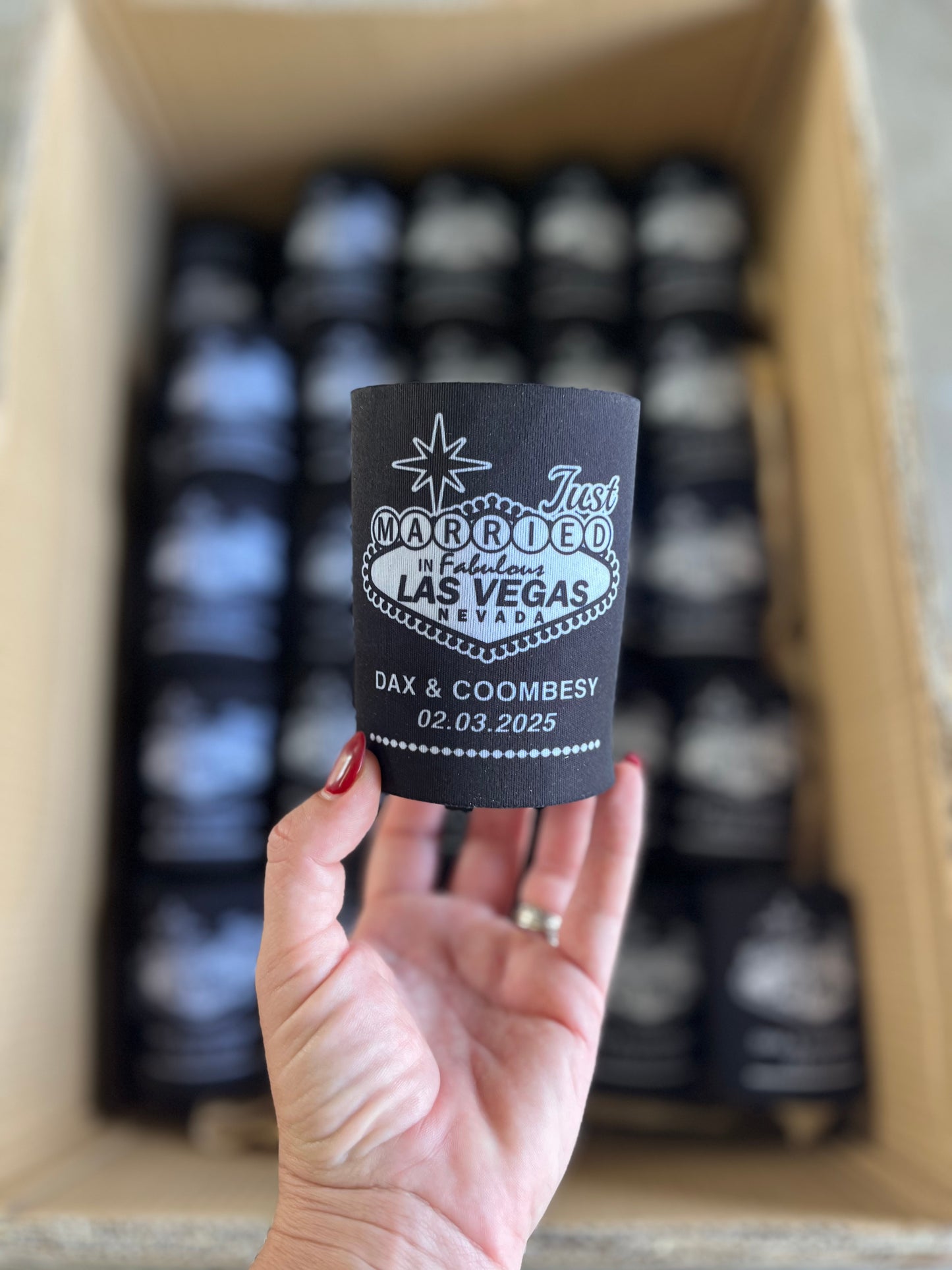 WS013 | Personalised “Just Married in Vegas” Wedding Stubby Holders — Custom Name & Date | Can Cooler Favour | Vegas Sign