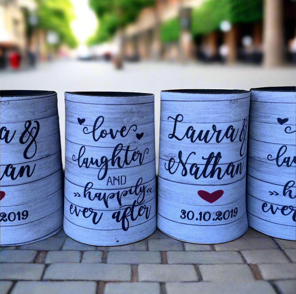 WS056 | Personalised “Love, Laughter & Happily Ever After” Stubby Holder — Custom Name & Date | Wedding Can Cooler