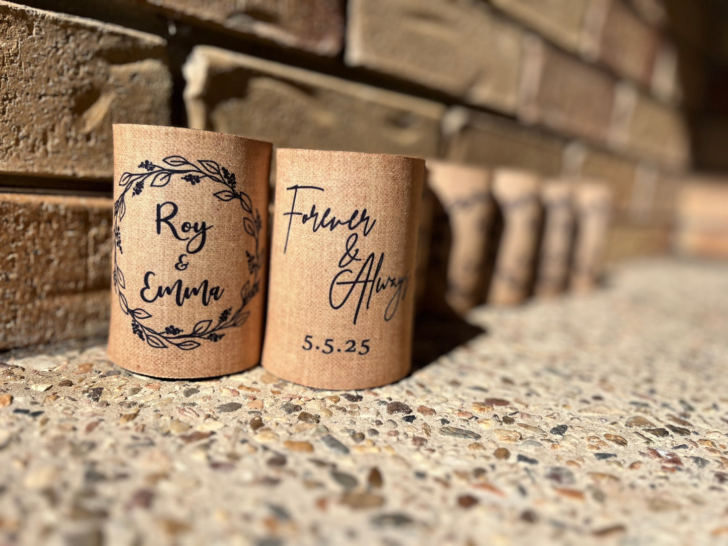 WS051 | Personalised “Forever and Always” Wedding Stubby Holders — Burlap Design | Custom Name & Date | Can Cooler Favour