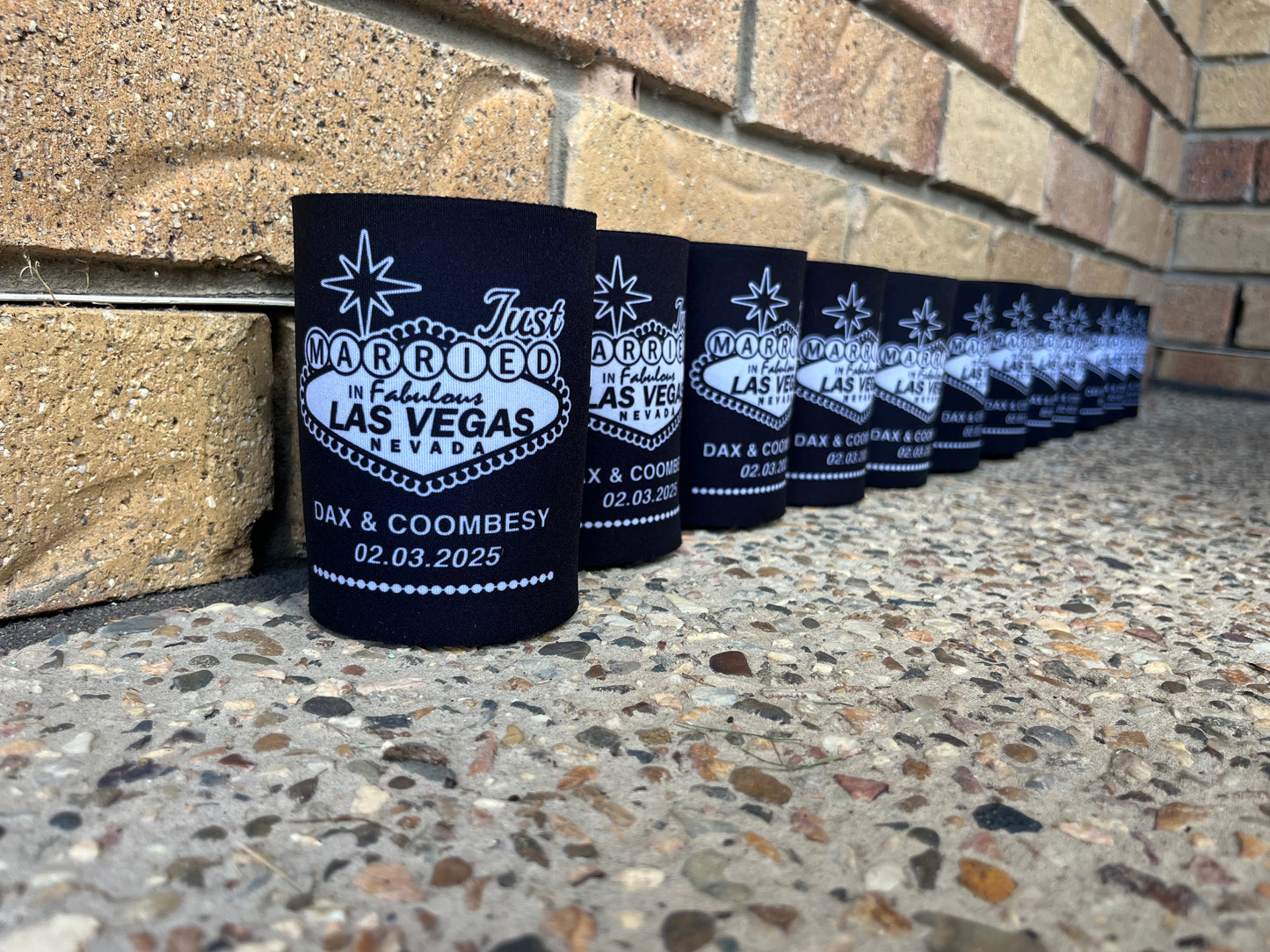 WS013 | Personalised “Just Married in Vegas” Wedding Stubby Holders — Custom Name & Date | Can Cooler Favour | Vegas Sign
