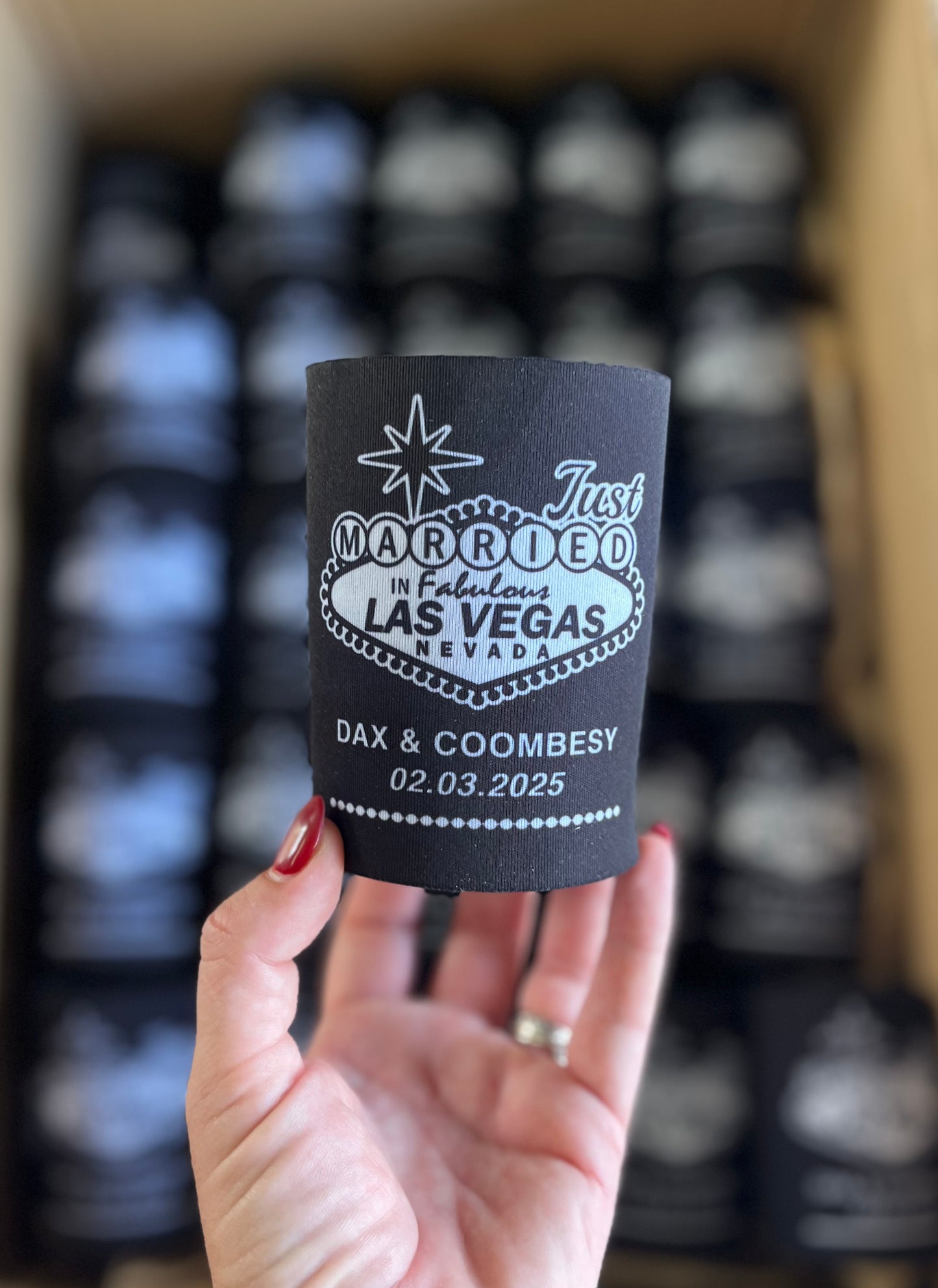 WS013 | Personalised “Just Married in Vegas” Wedding Stubby Holders — Custom Name & Date | Can Cooler Favour | Vegas Sign