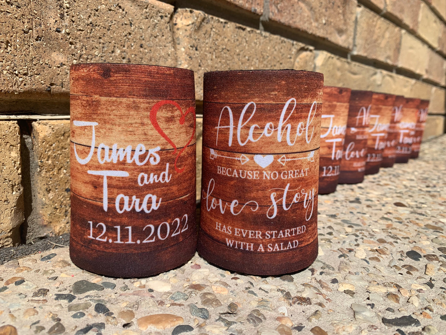 WS055 | Personalised “Cheers to Many Years, Cold Beers” Stubby Holder — Wood Theme Background | Wedding & Anniversary Can Cooler