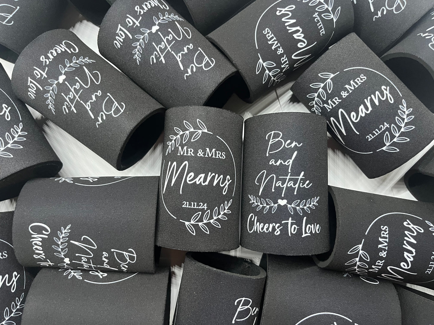 WS017 | Personalised “Cheers to Love” Wedding Stubby Holder — Custom Name & Date | Wreath Can Cooler
