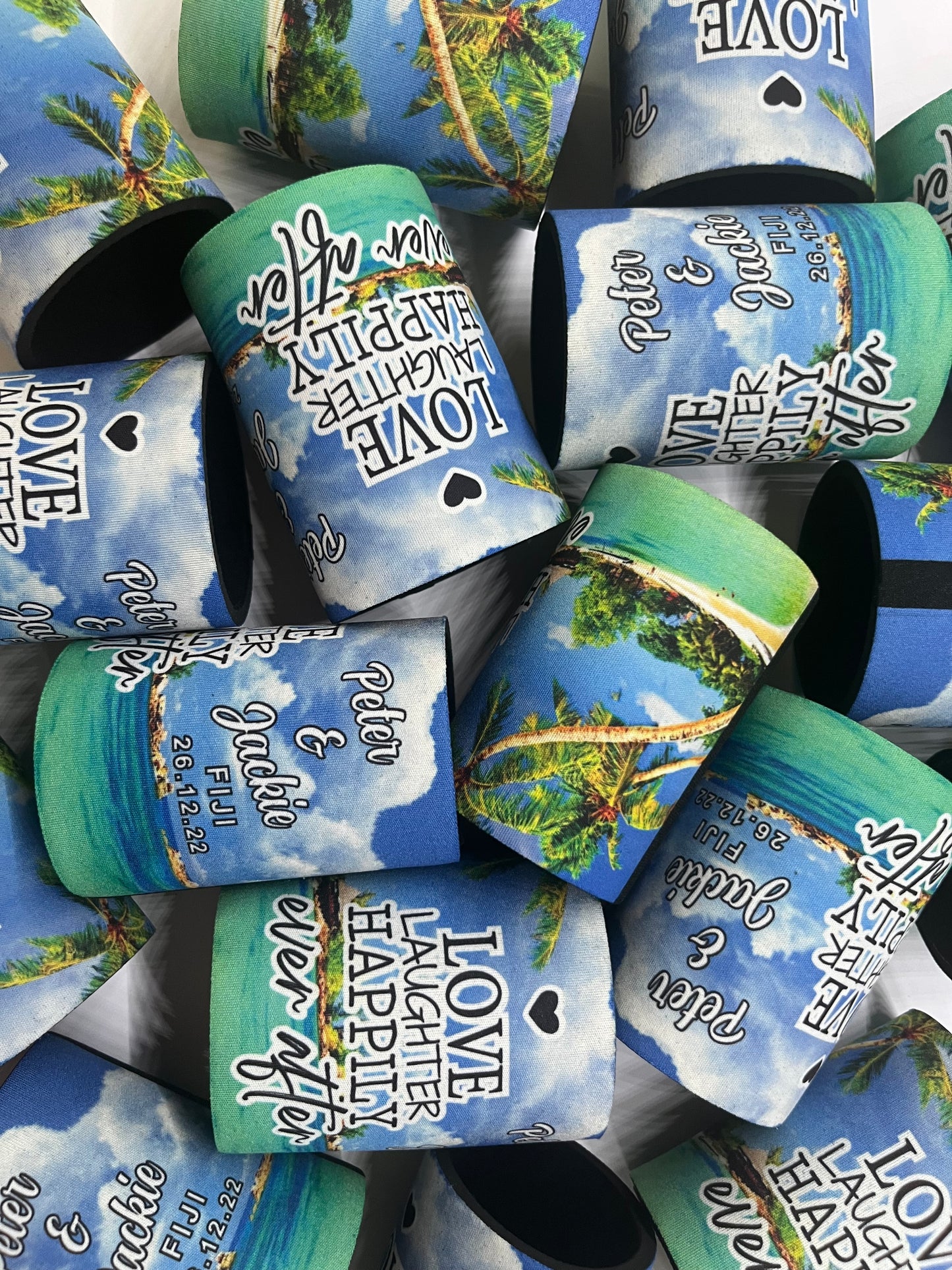WS057 | Personalised “Love, Laughter & Happily Ever After” Stubby Holder — Beach Holiday Theme | Custom Name & Date | Wedding & Party Can Cooler