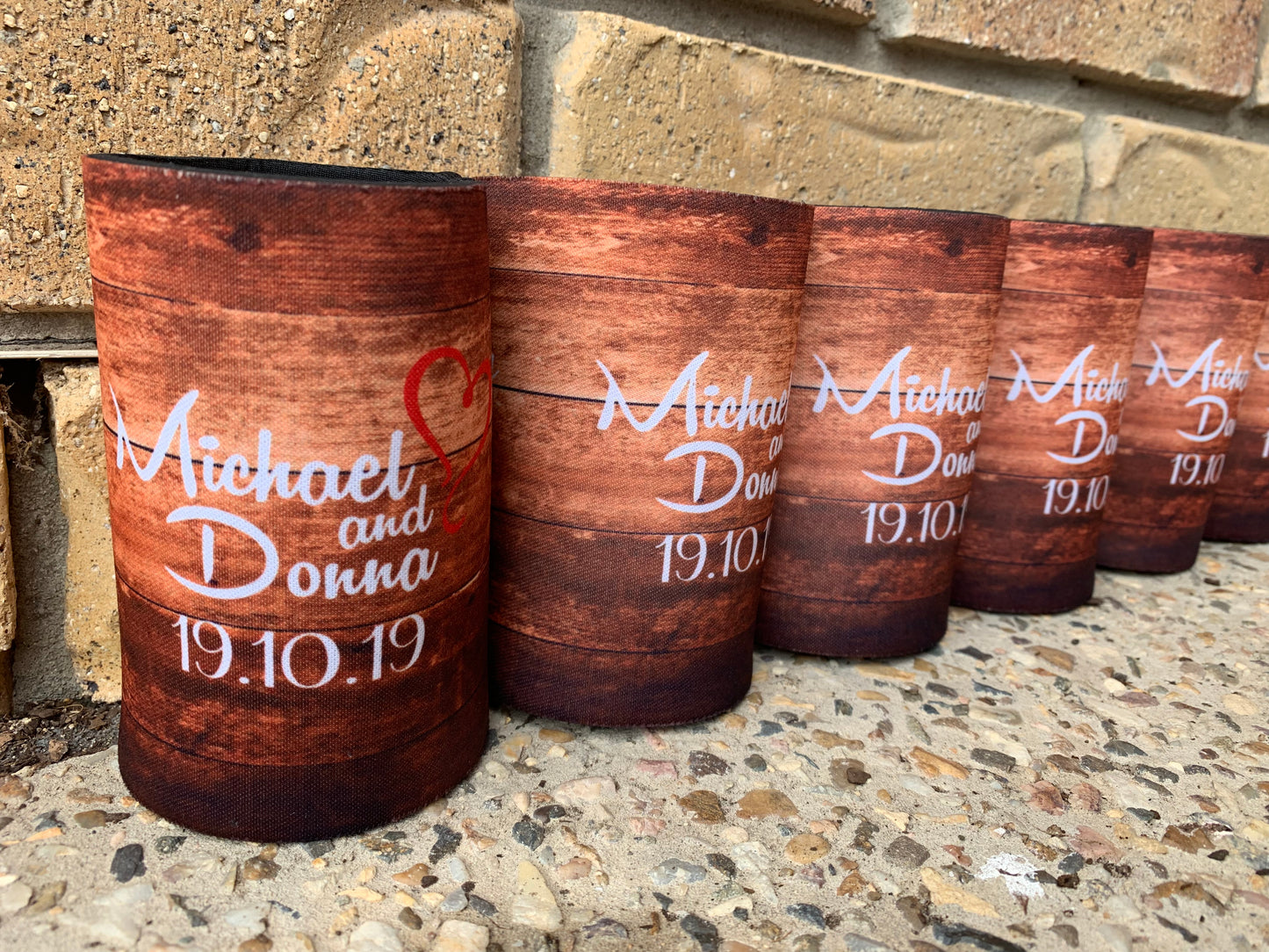 WS055 | Personalised “Cheers to Many Years, Cold Beers” Stubby Holder — Wood Theme Background | Wedding & Anniversary Can Cooler