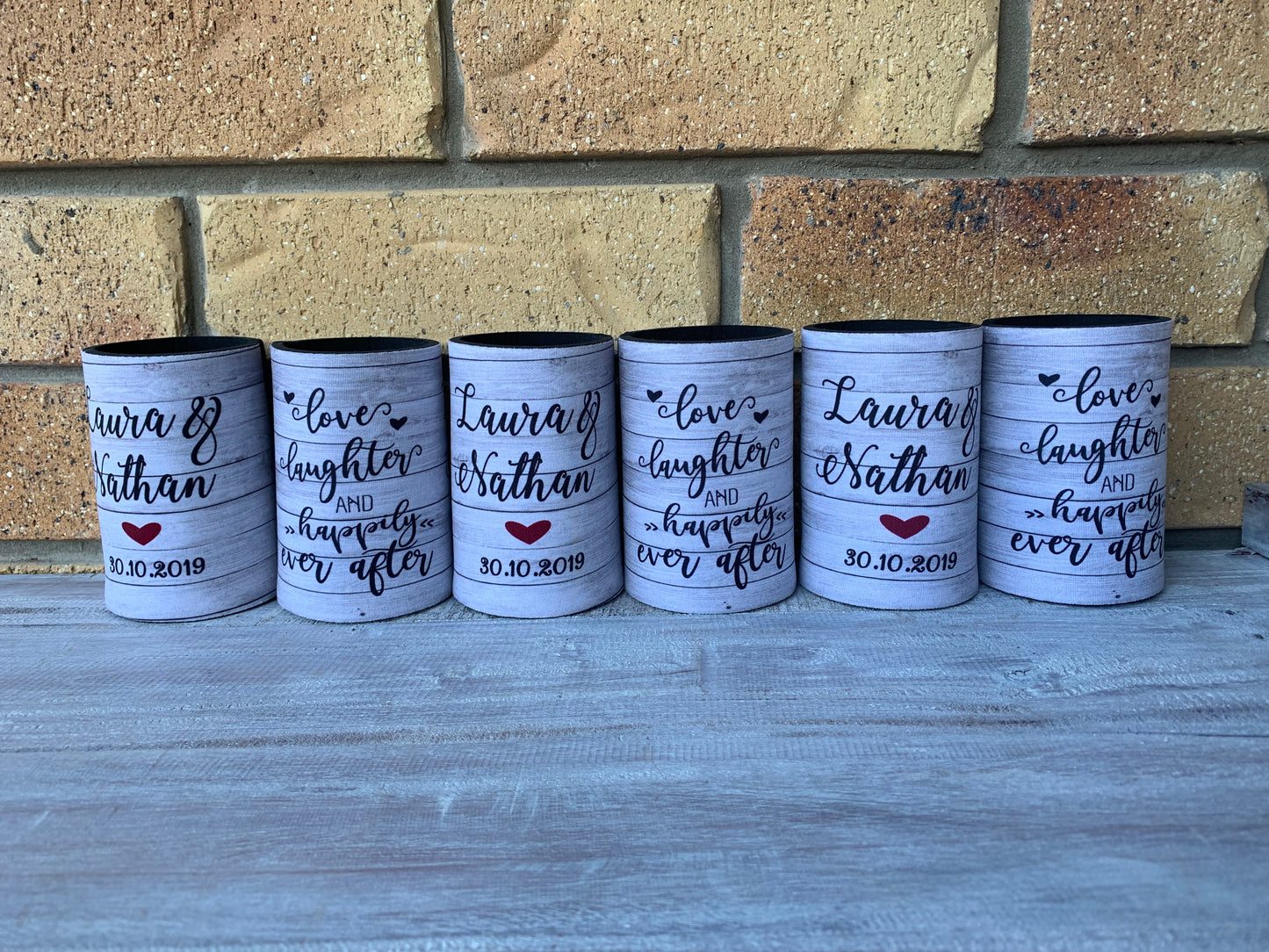 WS056 | Personalised “Love, Laughter & Happily Ever After” Stubby Holder — Custom Name & Date | Wedding Can Cooler