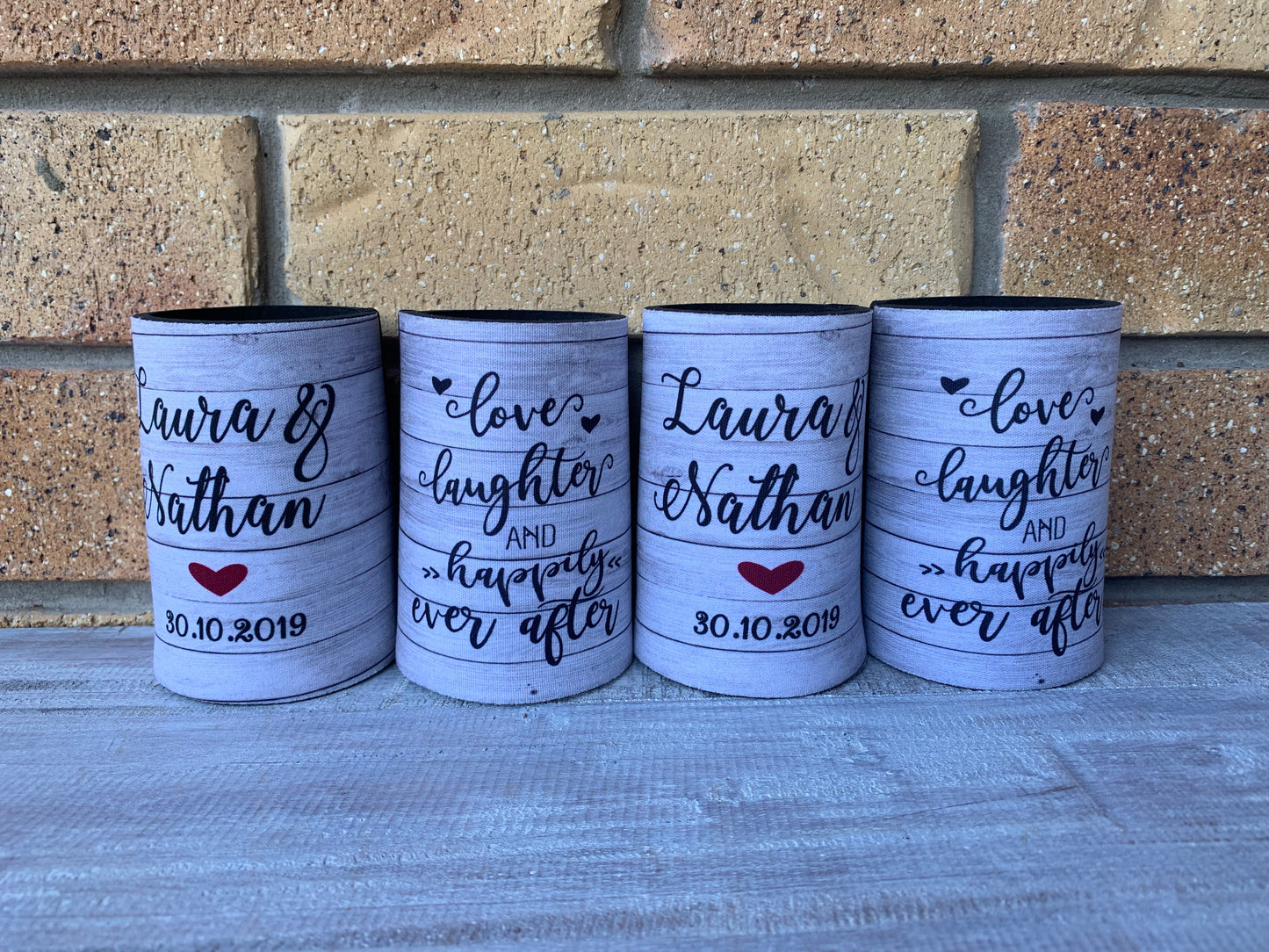 WS056 | Personalised “Love, Laughter & Happily Ever After” Stubby Holder — Custom Name & Date | Wedding Can Cooler