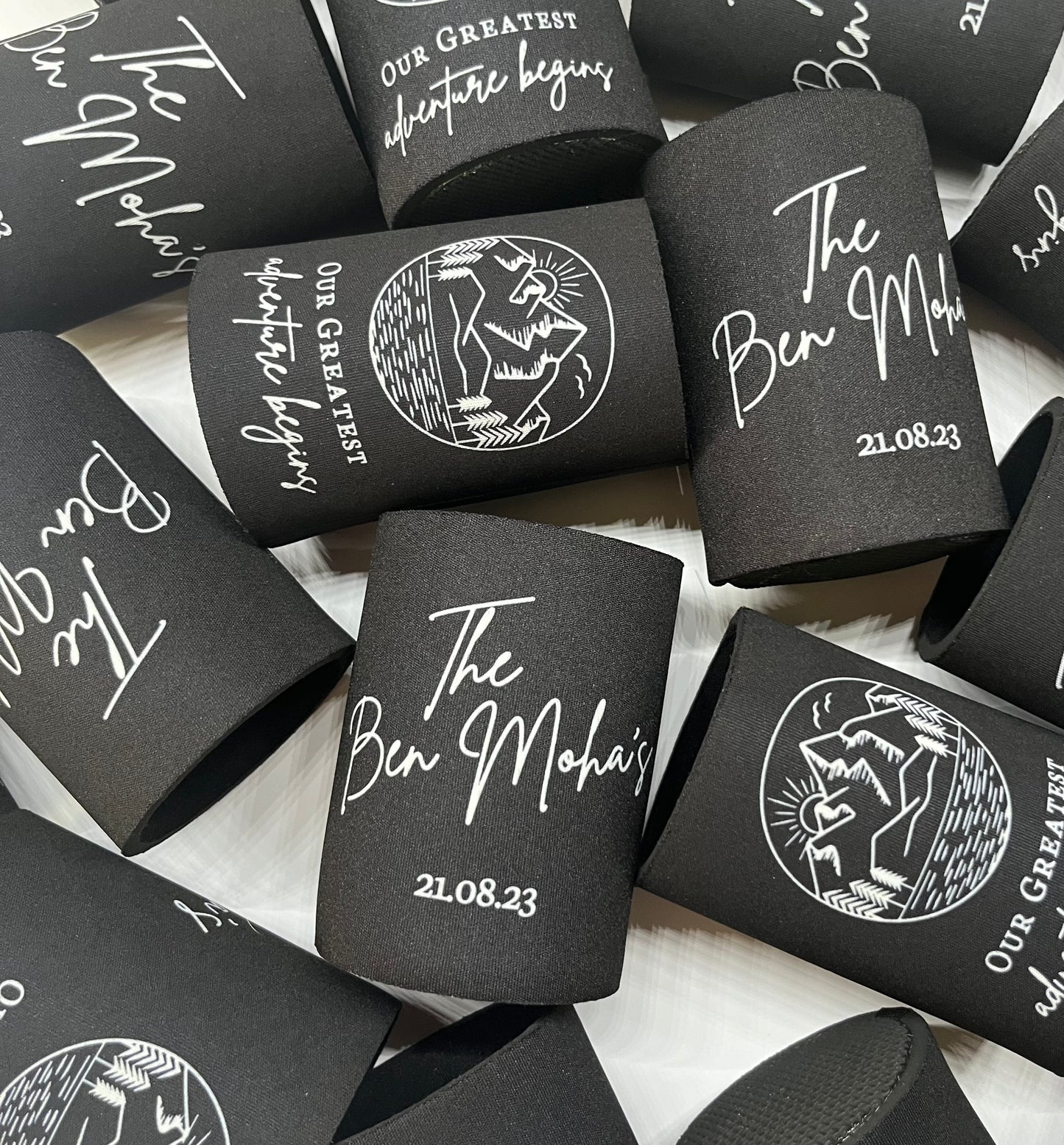 WS023 | Personalised “Our Greatest Adventure” Stubby Holder — Custom Name & Date | Wedding & Engagement Can Cooler