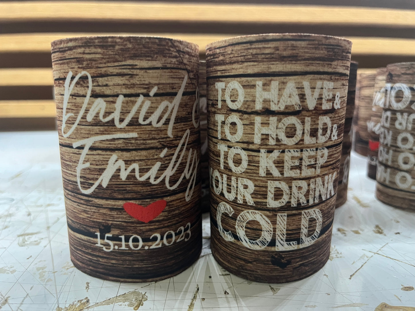 WS058 | Personalised “To Have and To Hold” Stubby Holder — Custom Name & Date | Wedding Can Cooler | Wood Background