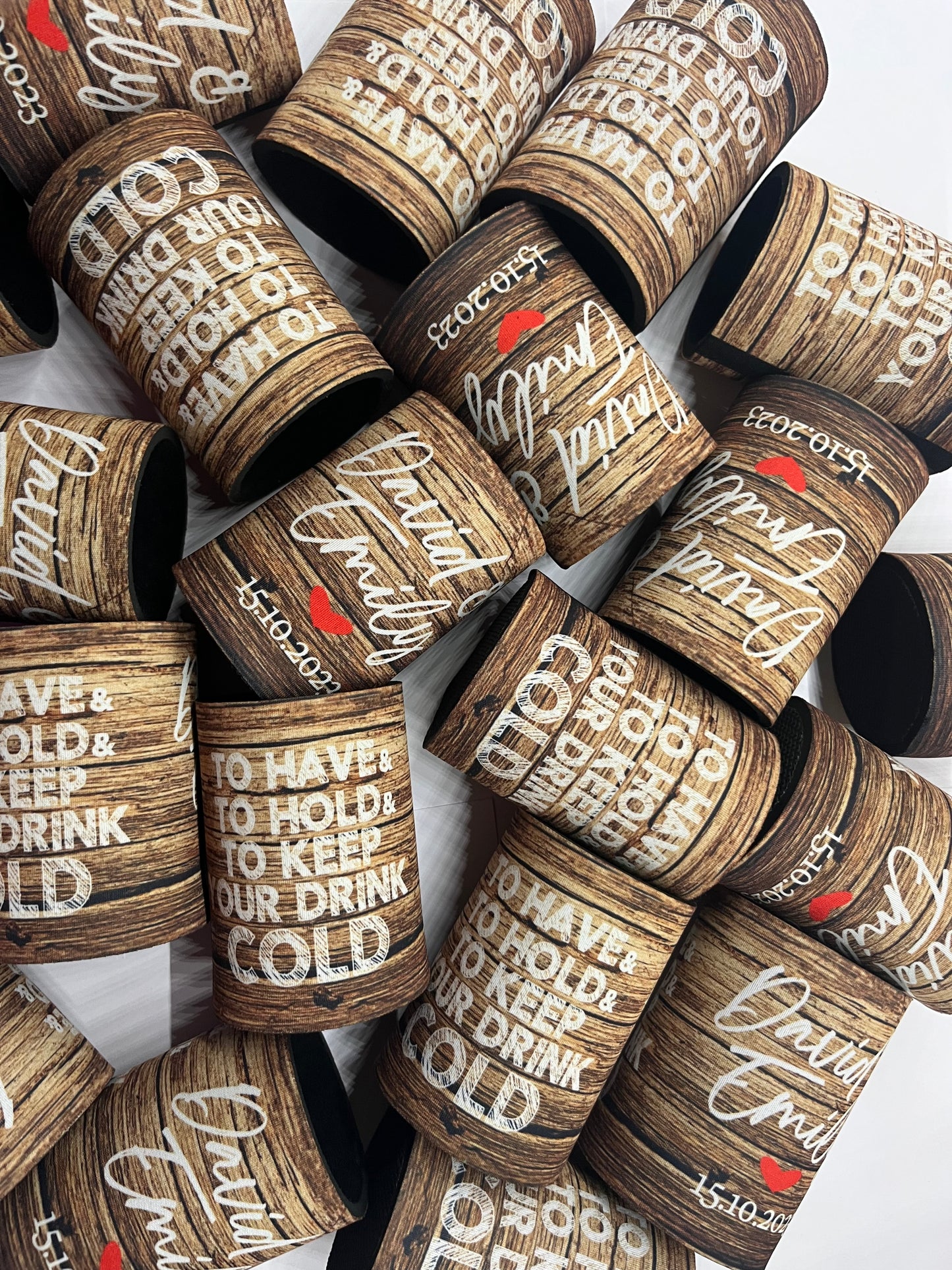 WS058 | Personalised “To Have and To Hold” Stubby Holder — Custom Name & Date | Wedding Can Cooler | Wood Background