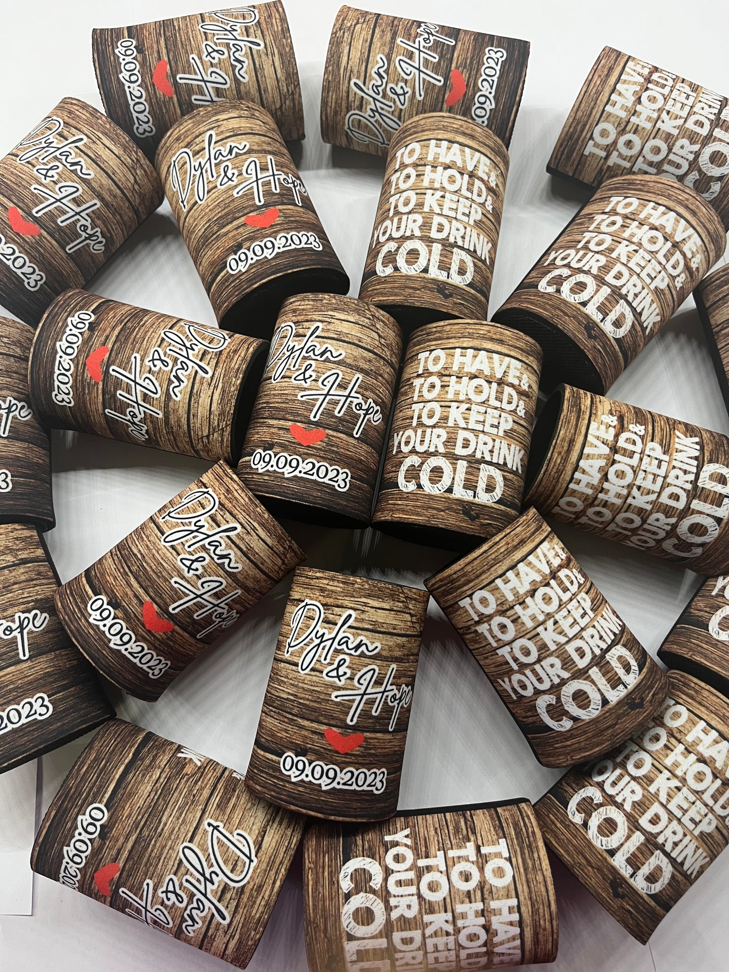 WS058 | Personalised “To Have and To Hold” Stubby Holder — Custom Name & Date | Wedding Can Cooler | Wood Background