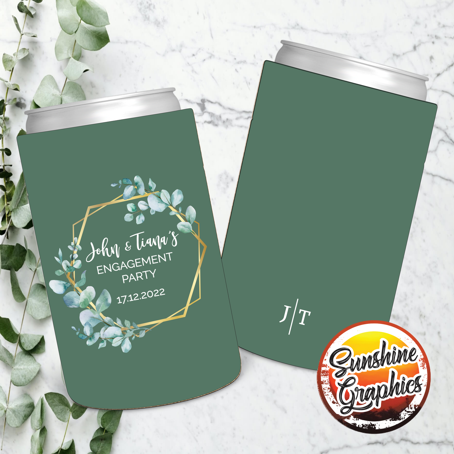 WS006 | Wedding Stubby Holders - Hexagon Eucalypus Wreath
