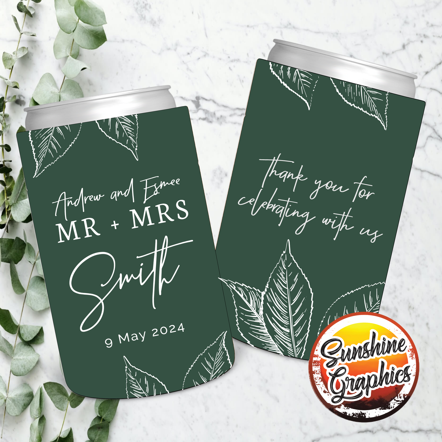 WS001 | Wedding Stubby Holders - Mr & Mrs - with Leaves - Thank you for celebrating with us