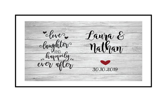 Custom Wedding Stubby Holder - Wood Theme - Love Laughter and Happily Ever After