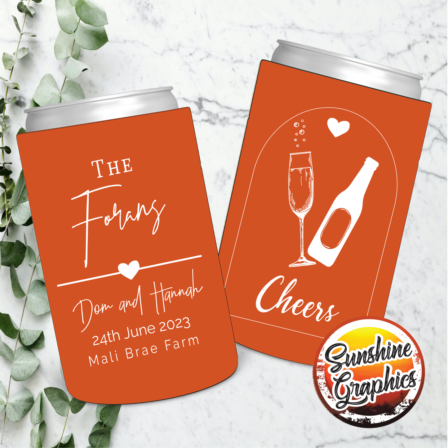 WS042 | Wedding Stubby Holders - Line with Heart Cheers with Surname