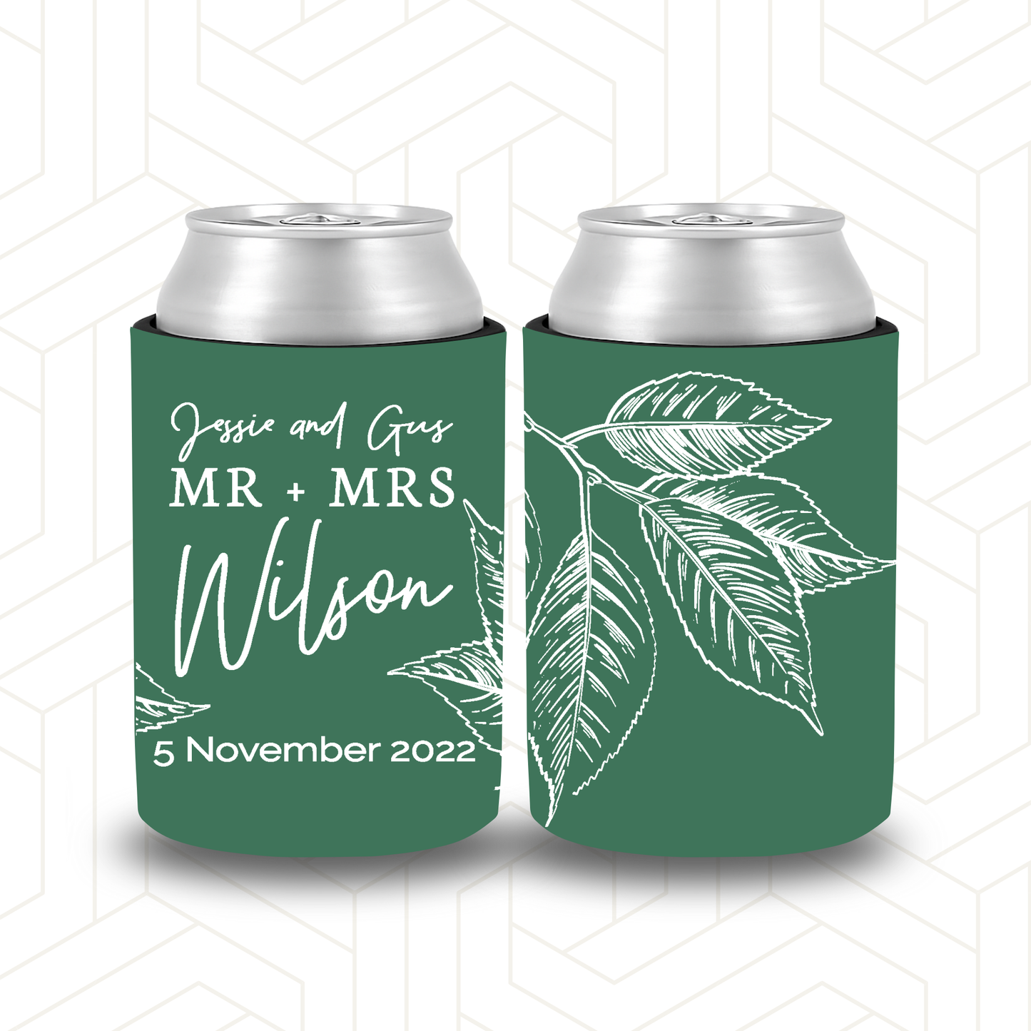 WS001 | Wedding Stubby Holders - Mr & Mrs - with Leaves - Thank you for celebrating with us