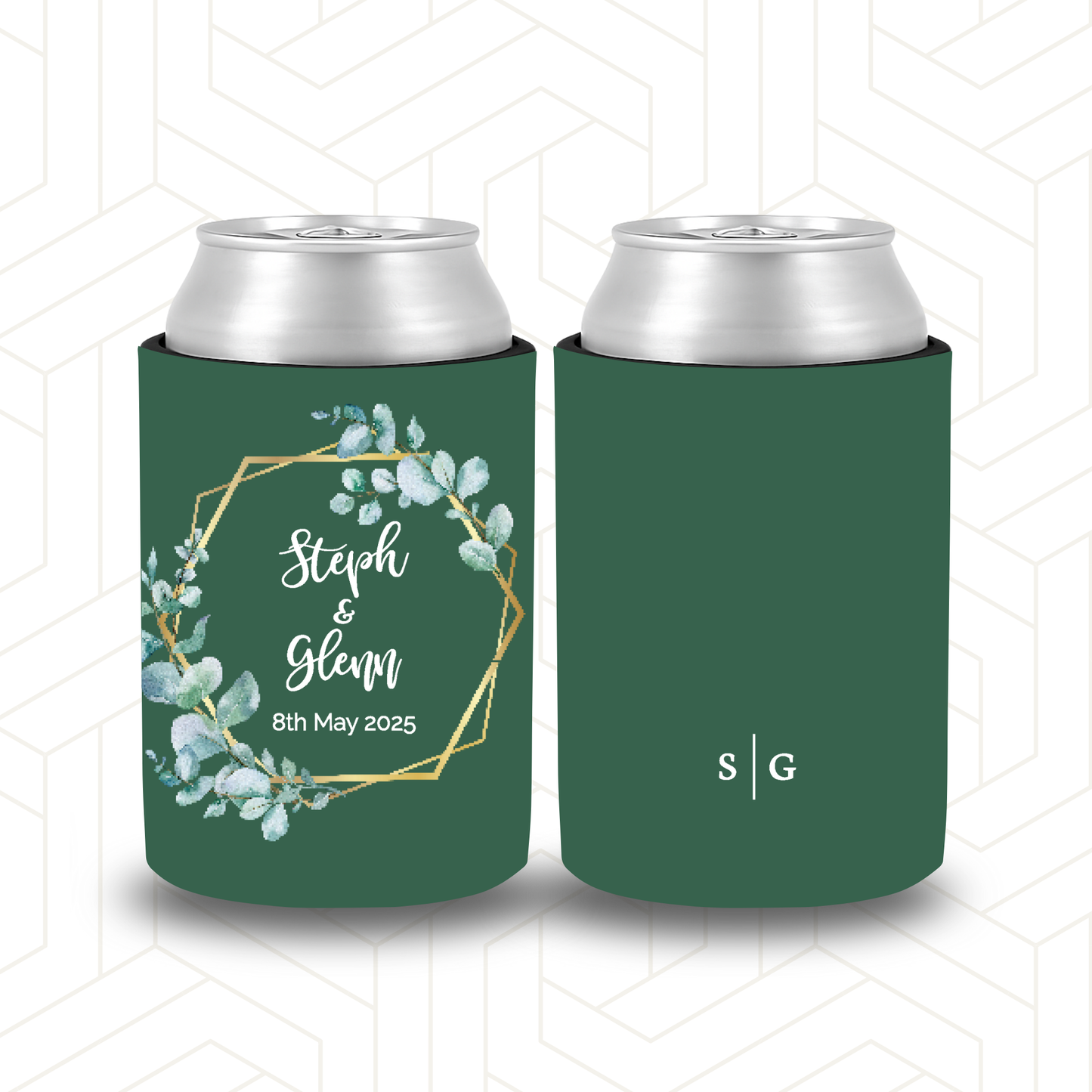 WS006 | Wedding Stubby Holders - Hexagon Eucalypus Wreath