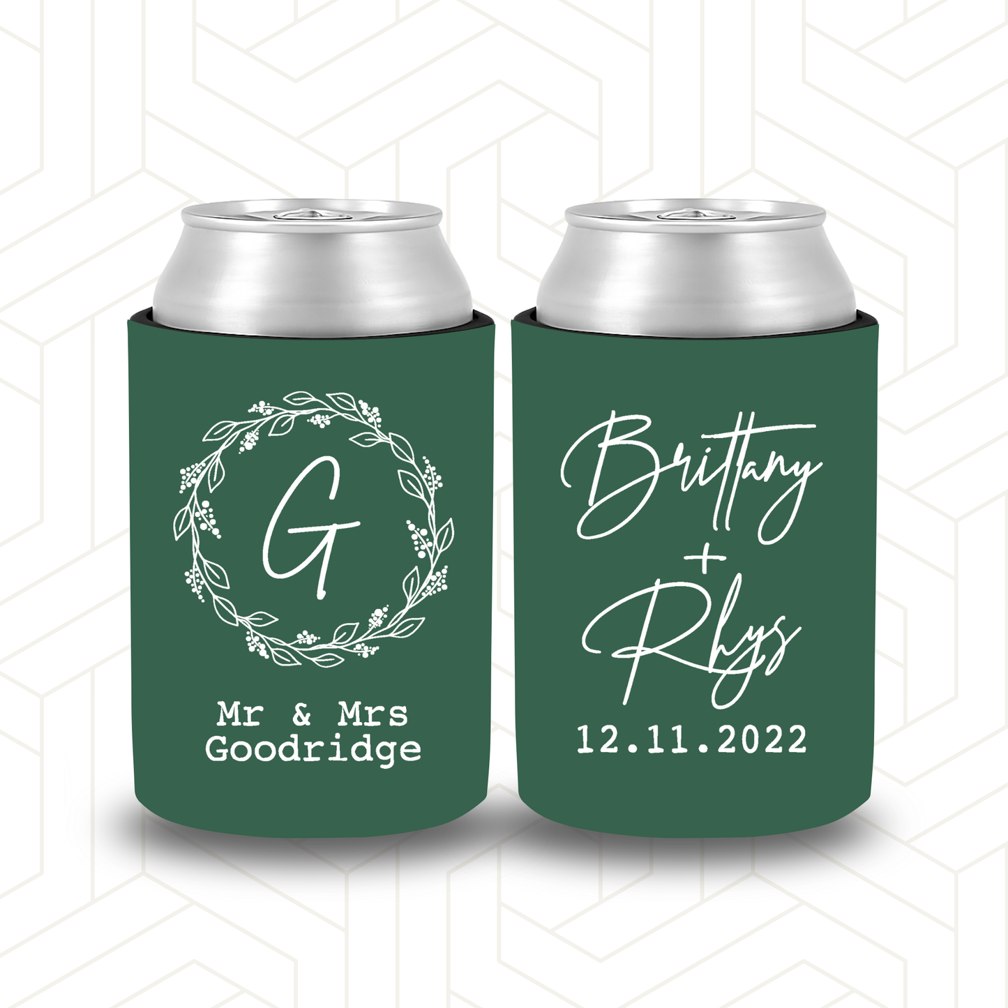 WS007 | Wedding Stubby Holders - Wreath with Names and Initial
