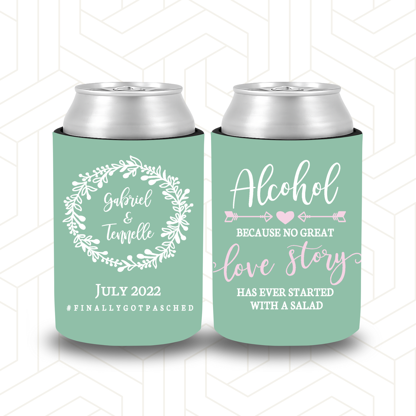WS011 | Wedding Stubby Holders- Pale Green- Alcohol, Love Story