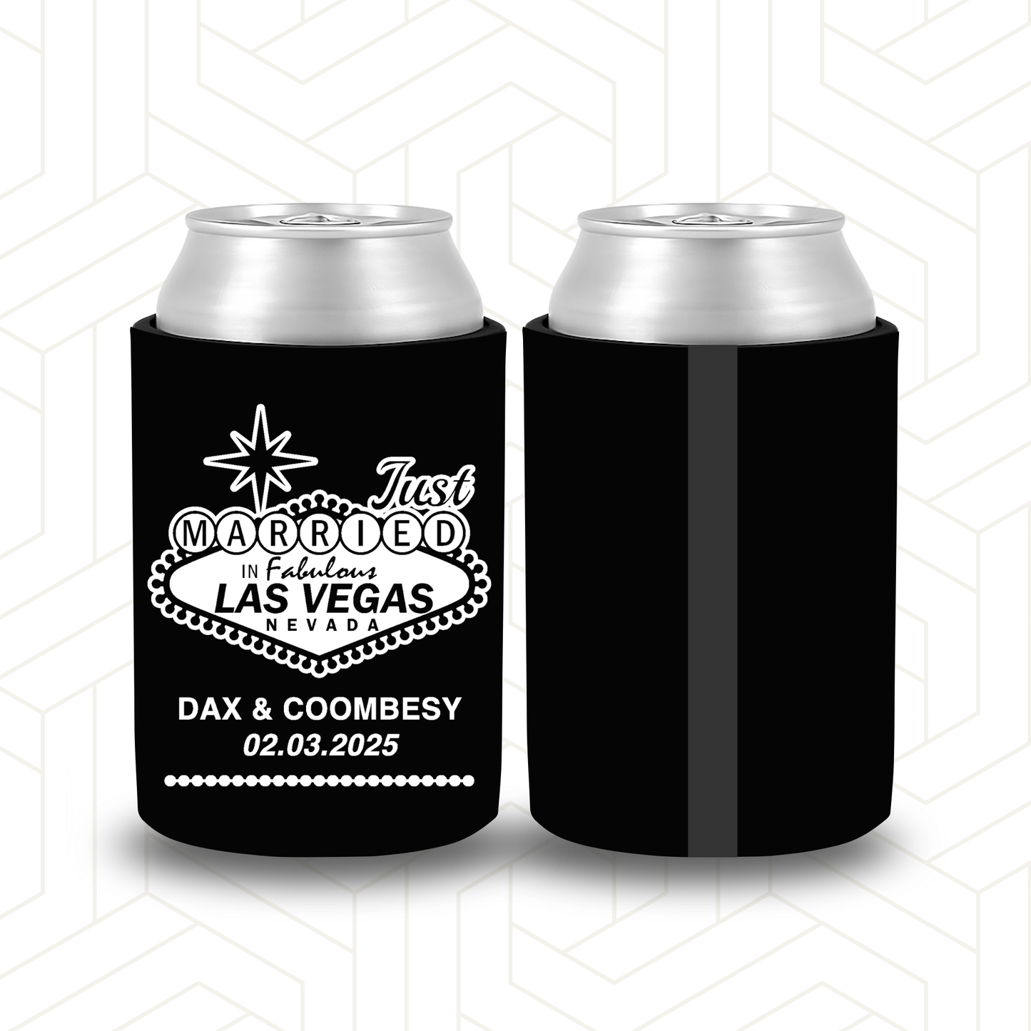 WS013 | Personalised “Just Married in Vegas” Wedding Stubby Holders — Custom Name & Date | Can Cooler Favour | Vegas Sign