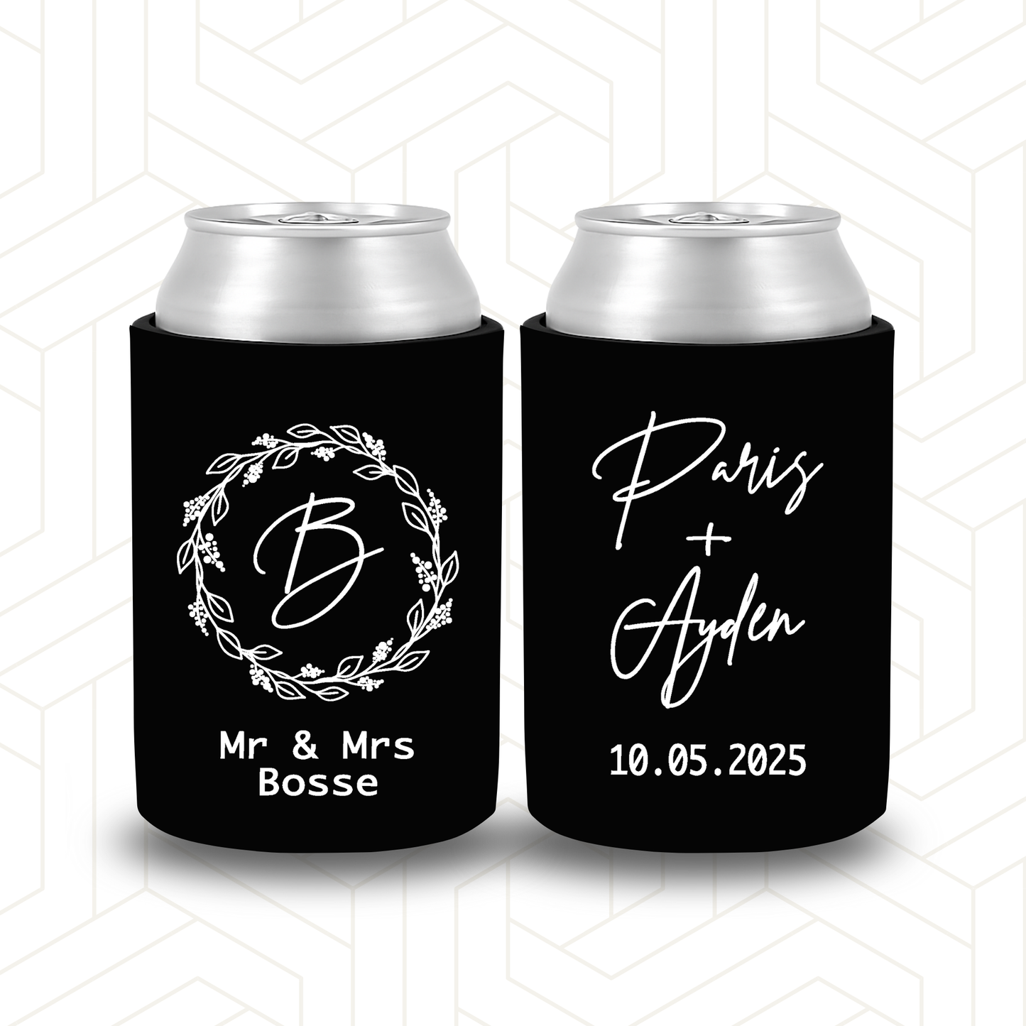 WS018 | Personalised Wedding Stubby Holder - Script Initial in Wreath with Cursive Names