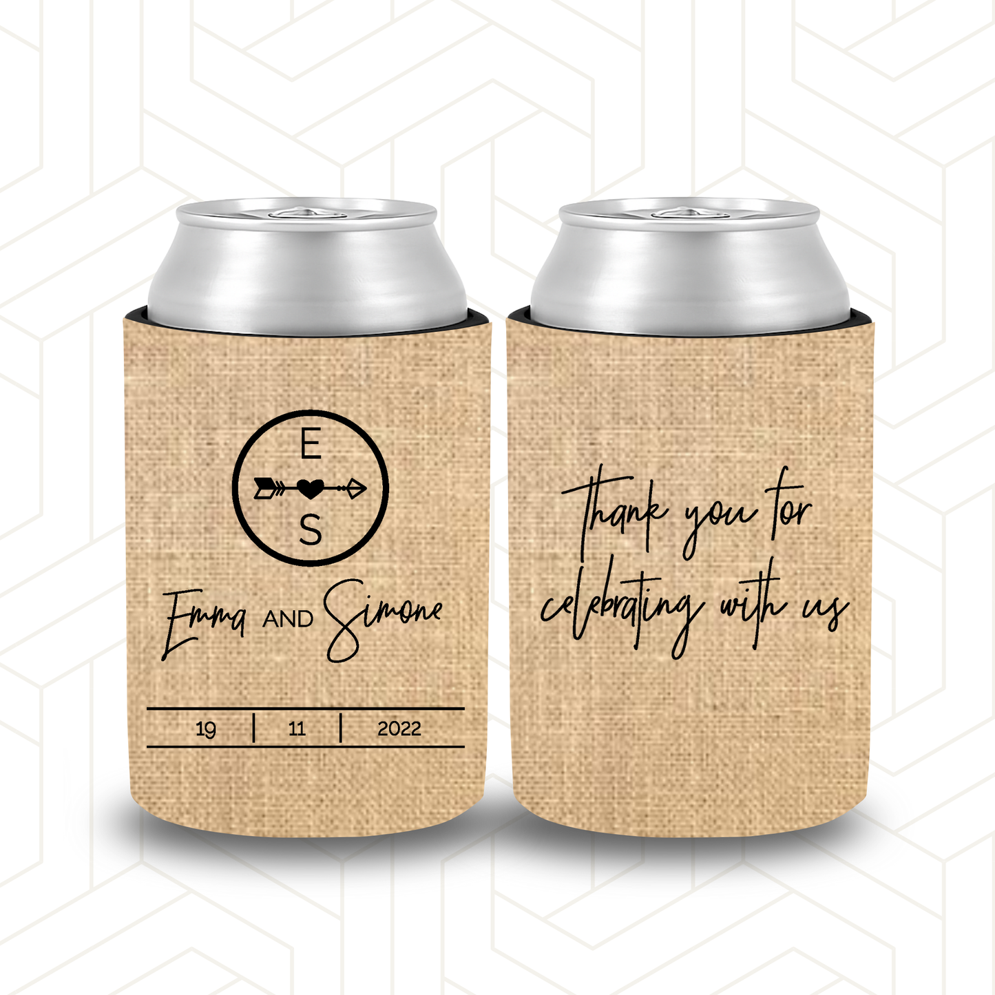 WS047 | Personalised Burlap Wedding Stubby Holders with Compass / Arrow - "Thank you for being part of our day" (Copy)