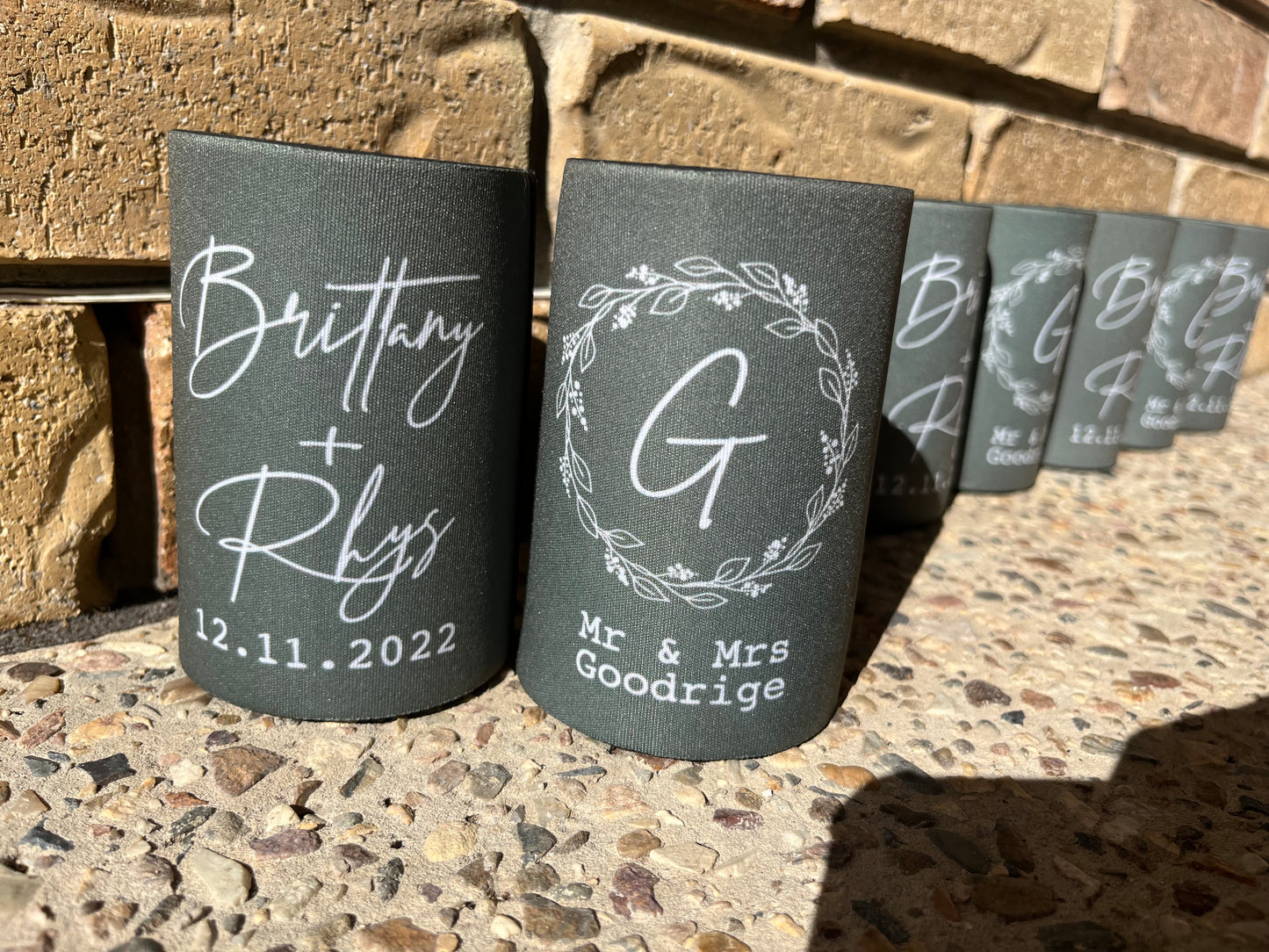 Wedding Stubby Holders - Wreath with Names and Initial